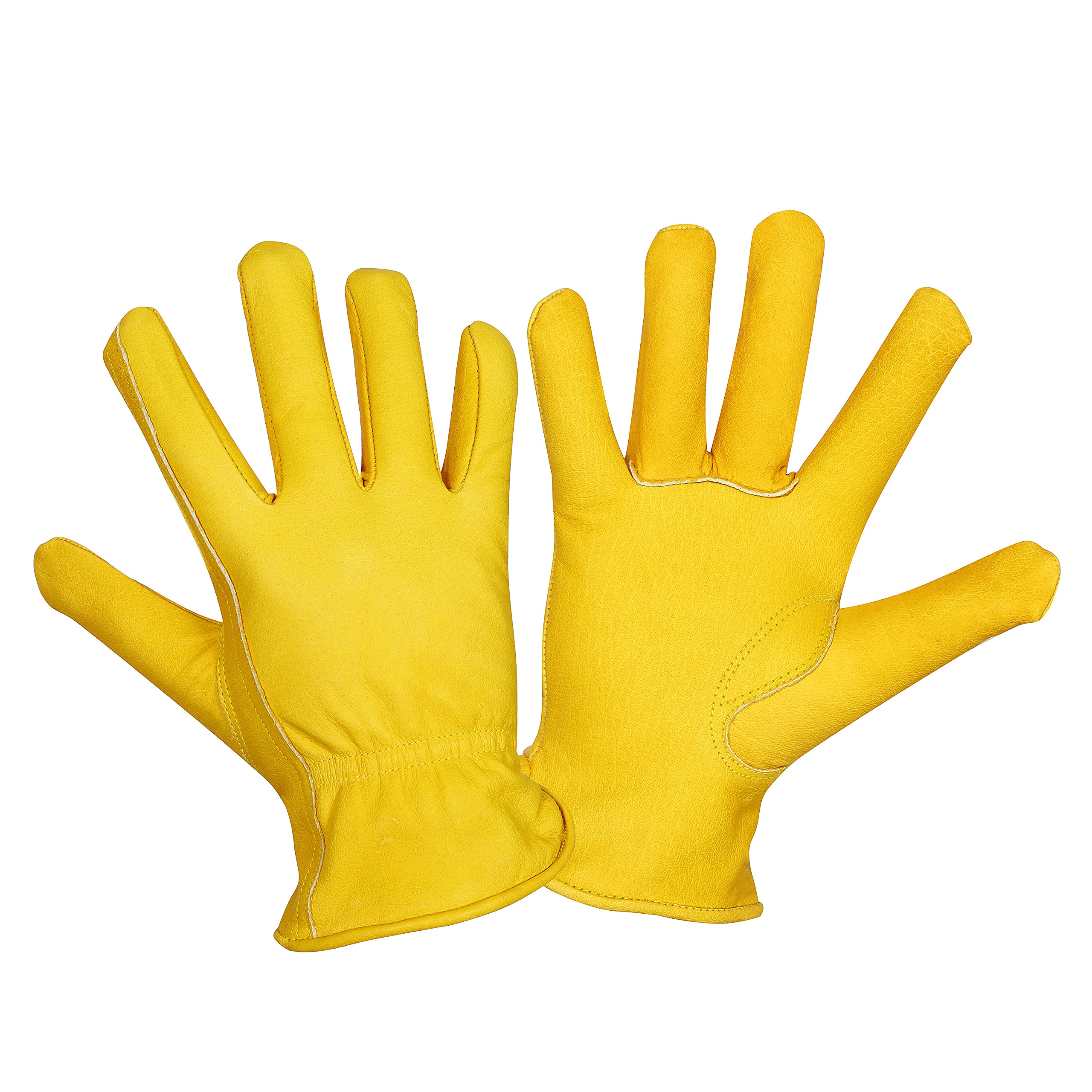 Work Gloves Cowhide Grain Premium Leather Yellow Work Driver Gloves With Elastic Wrist Closure And Inside Fleece Lining General Purpose Utility - Image 2