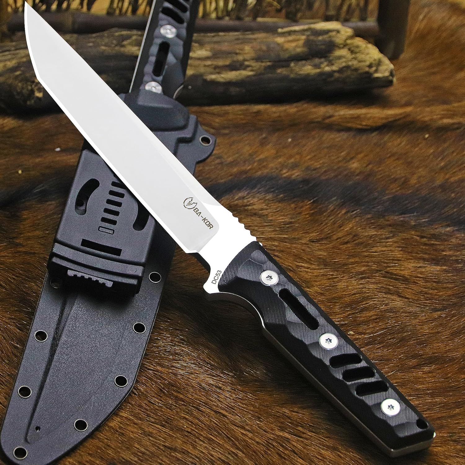 BA-KOR 14.2in（Japanese Style） Full Tang Hunting Knife - 8mm DC53 Steel Survival Knife, Nylon Fiber Handle & Sheath, + (5.9in) cerium igniter, suitable for outdoor hunting, camping, survival, EDC tool