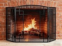 Gtongoko 3-Panel Wrought Iron Fireplace Screen 48"W x 29"H - Foldable Heavy Duty Spark Guard, Mesh Safety Fence for Living Room Black