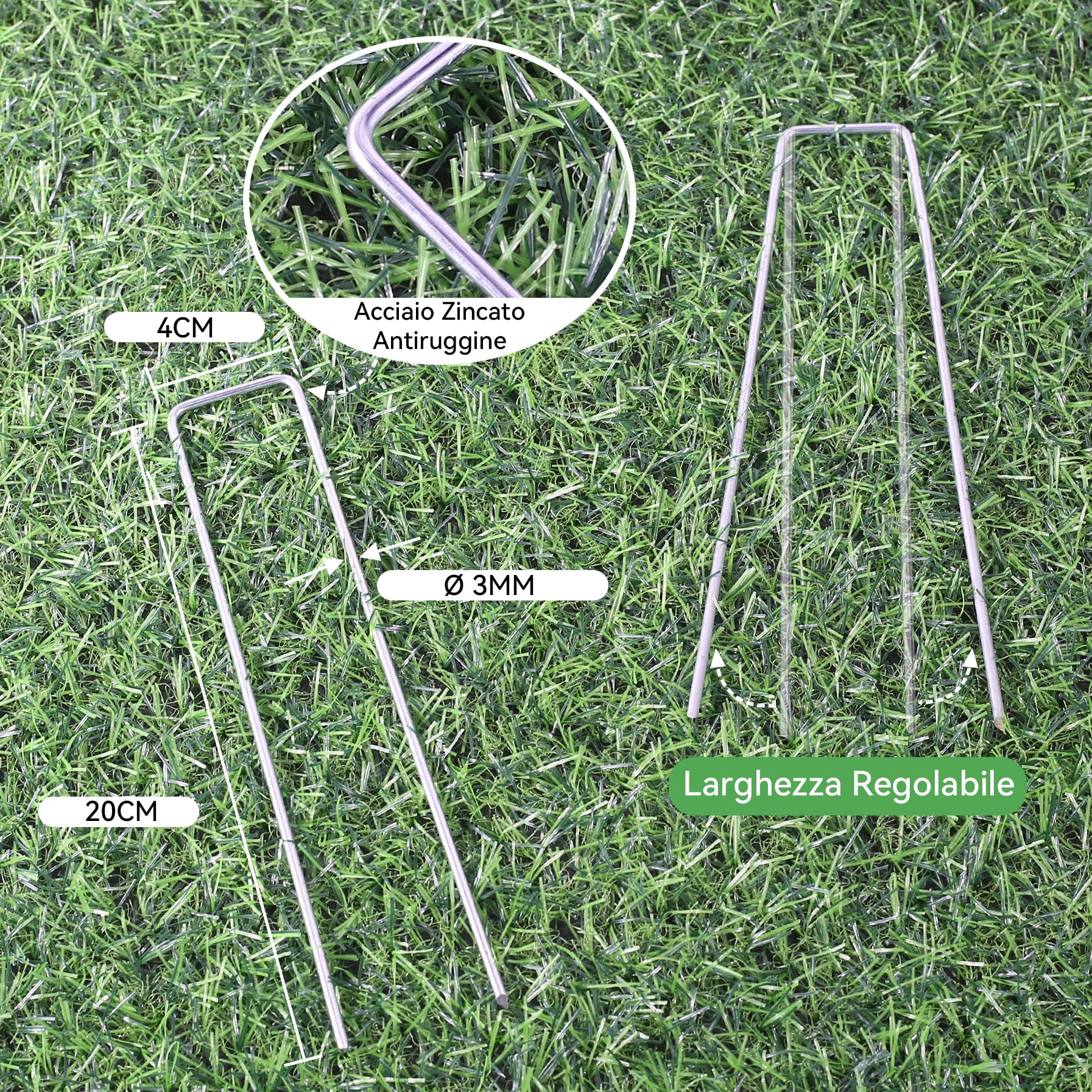 200 Pezzi 20cm Ø 3mm Spilli per Giardino Resistenti - Chiodi in Acciaio Zincato per Fissare Paletti per Ancorare Tessuto Antierba, Reti e Tubi con 1 Uncino a Punta