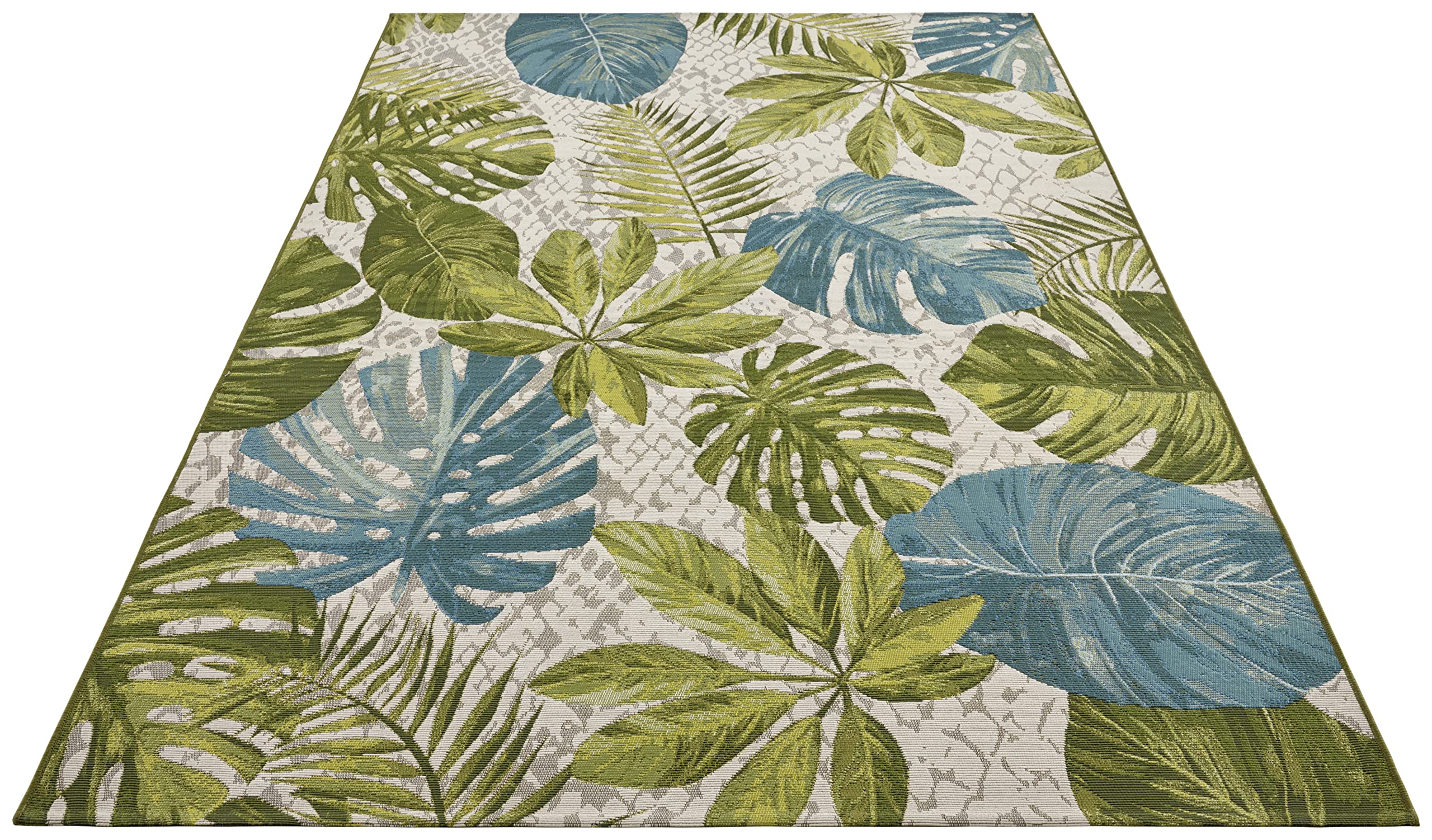 HANSE Home Tropical Leaves - Tappeto per interni ed esterni, in tessuto piatto, con foglie di palma, ecologico, resistente alle intemperie e ai raggi UV, per balcone, terrazza, giardino, turchese,