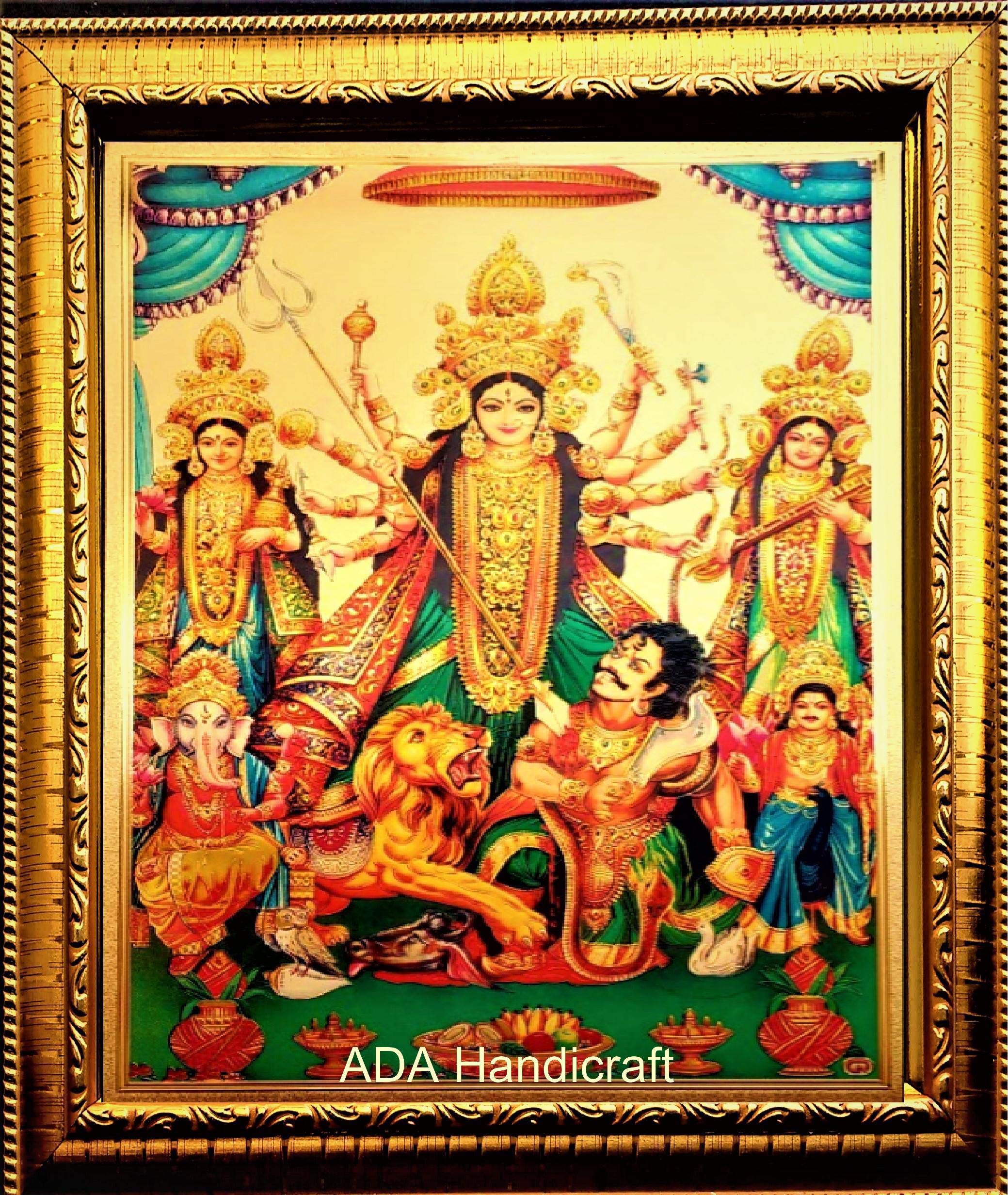 ADA Handicraft Maa Durga Lakshmi Saraswati Ganesha Hindu Religious Wood Wall Photo Frame For Dussehra Diwali Navratri (35 x 25 x 1 cm, Multicolour)