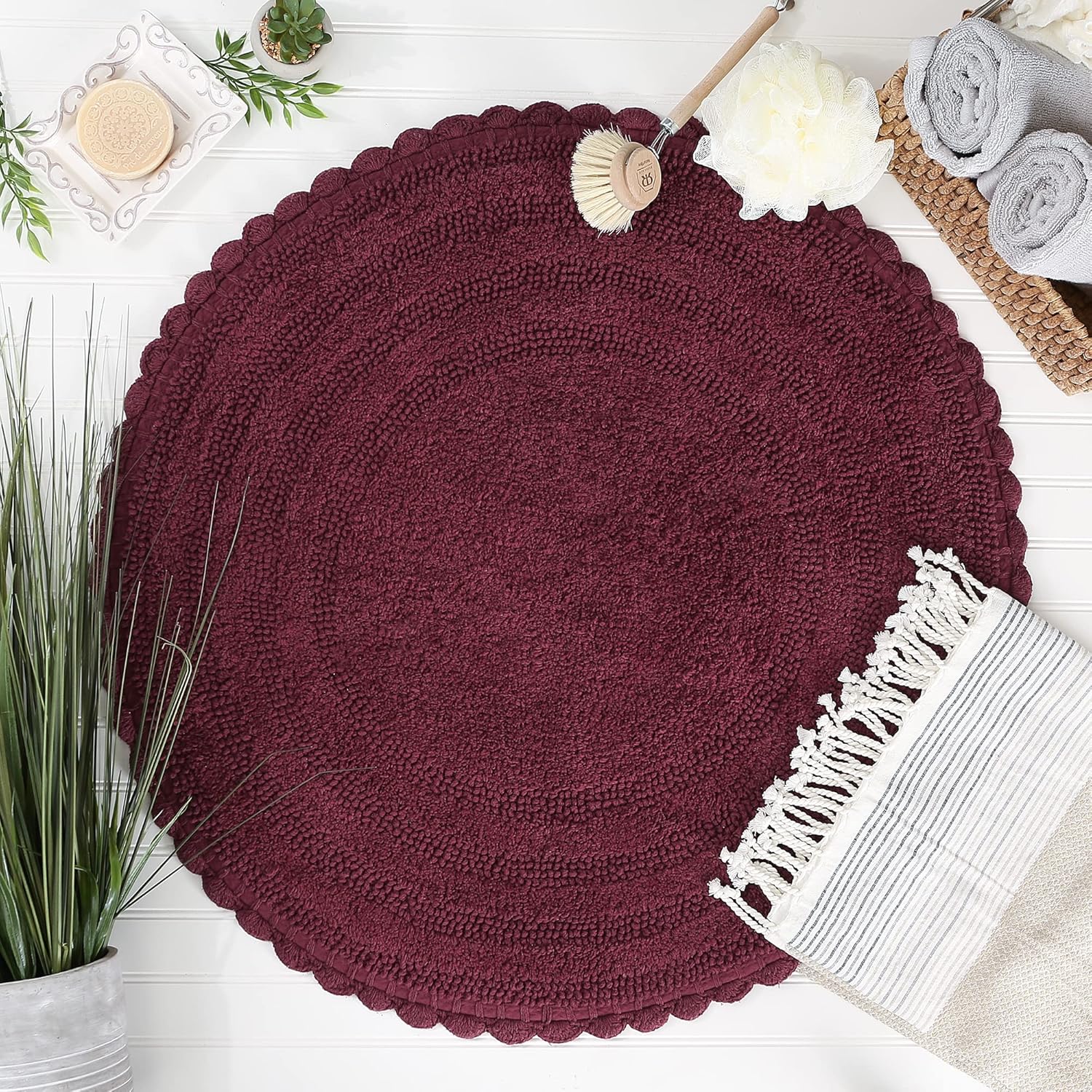 dii crochet collection reversible bath mat, round, 27.5" diameter, wine 2'4" (round) wine