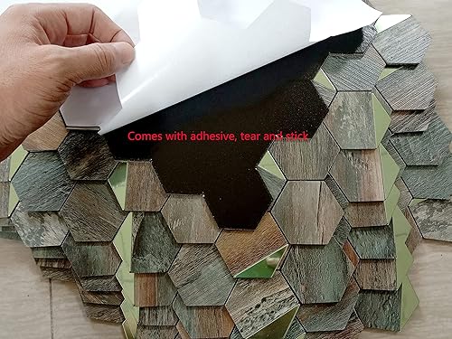 Miniatura 3 de YMMXGE - Azulejo de pared de PVC autoadhesivo para cocina, baño, 10 hojas de despegar y pegar, calcomanía de aluminio hexagonal autoadhesiva de 12 x