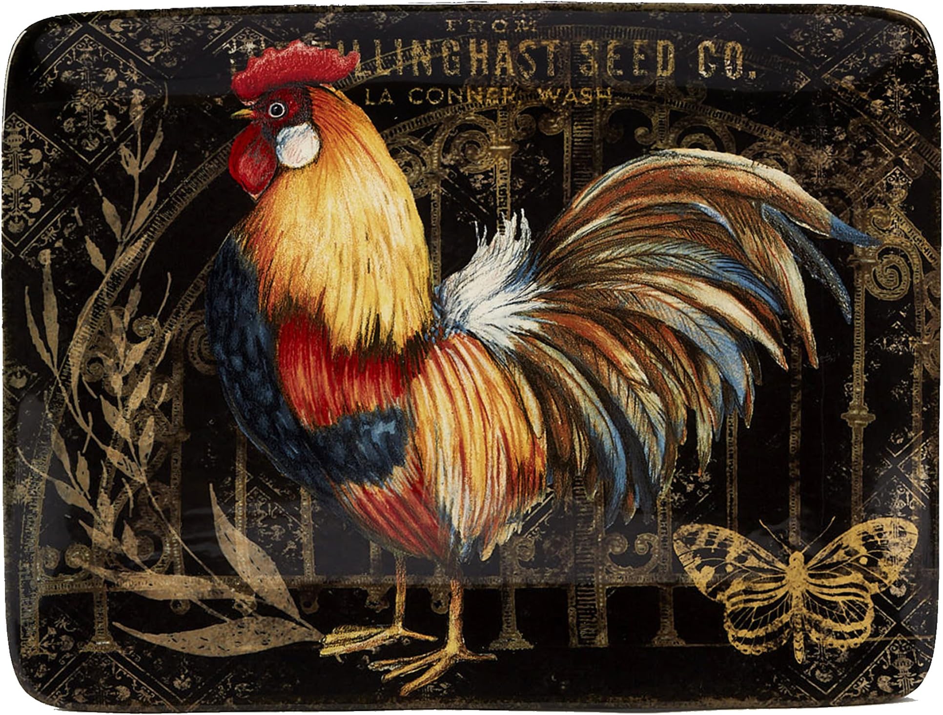 23659 16" x 12" Gilded Rooster Rectangular Platter, One Size, Multicolor