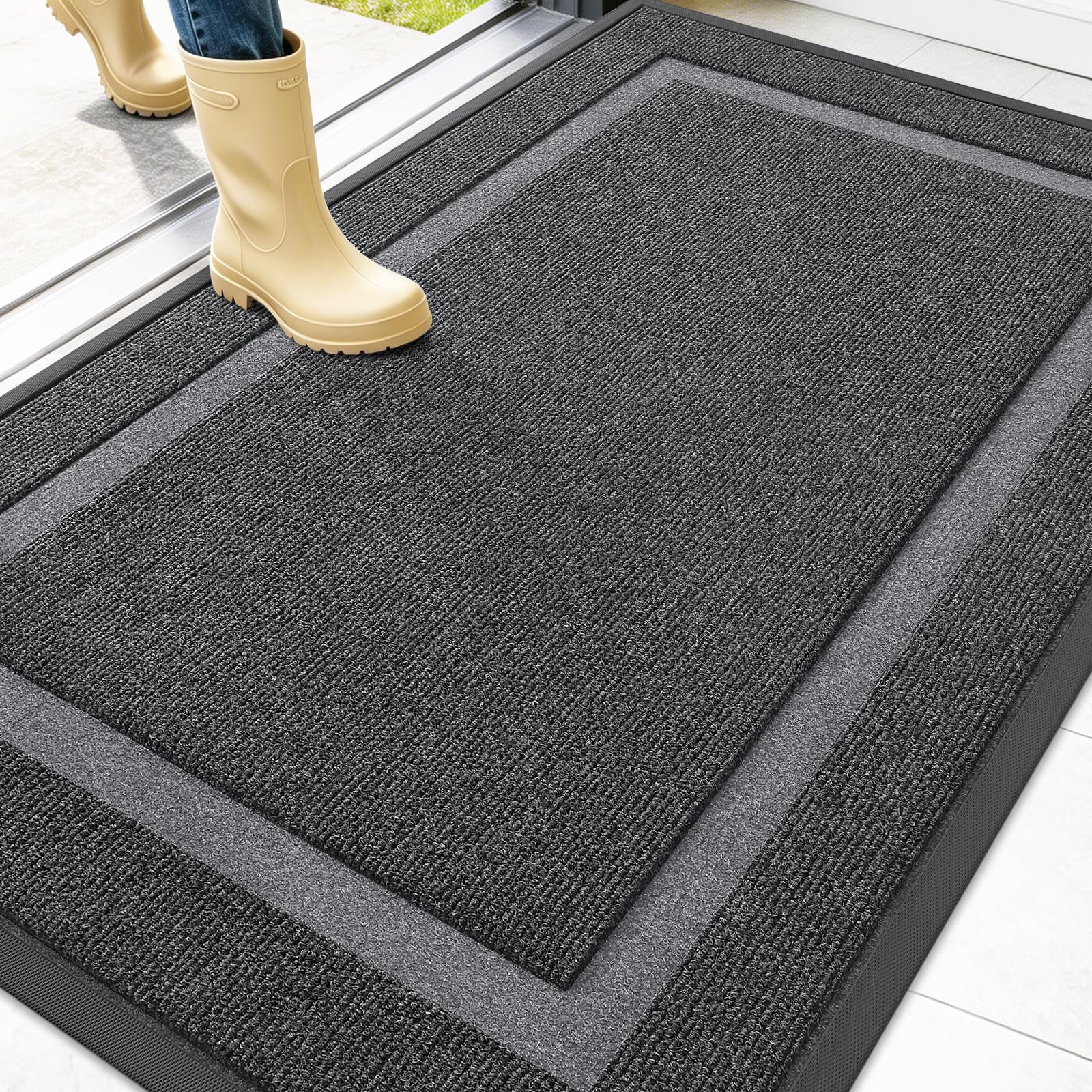 OLANLY Front Door Mat Outside 47x30, All-Season Heavy-Duty Rubber Doormat | Grey, Absorbent, Stain and Fade Resistant, Waterproof Non-Slip Backing, Low-Profile Indoor Outdoor Floor Mat for Entryway
