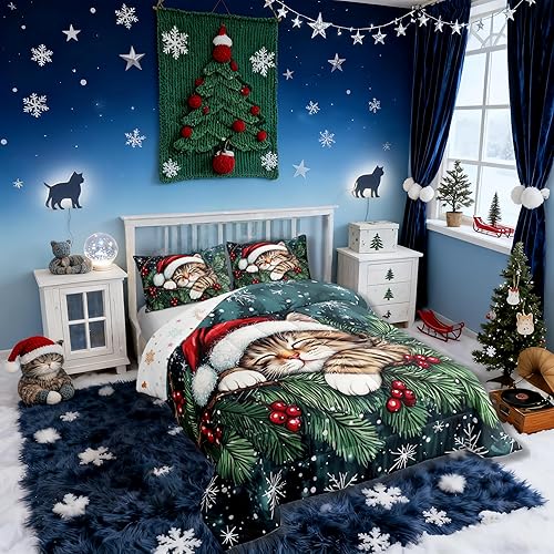 Miniatura 17 de Juego de edredón de Navidad para niños tamaño queen, ropa de cama festiva de dulces navideños, decoración de dormitorio/cabaña de Navidad para Multi