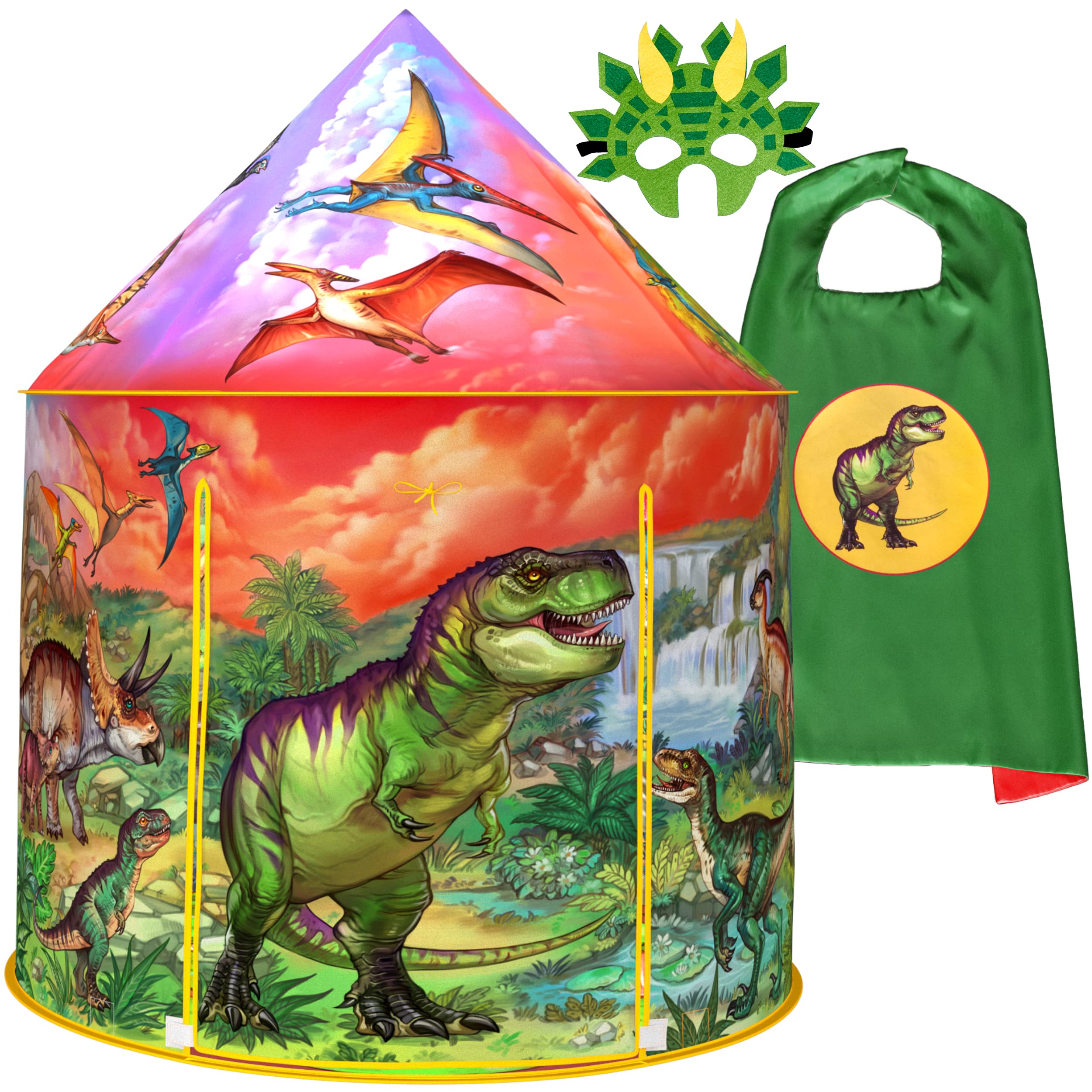 ImpiriLuxPlay Tent for Kids with Cape and Mask Costume Set | Dinosaur Themed Children's Pop Up Playhouse Fort for Boys and Girls