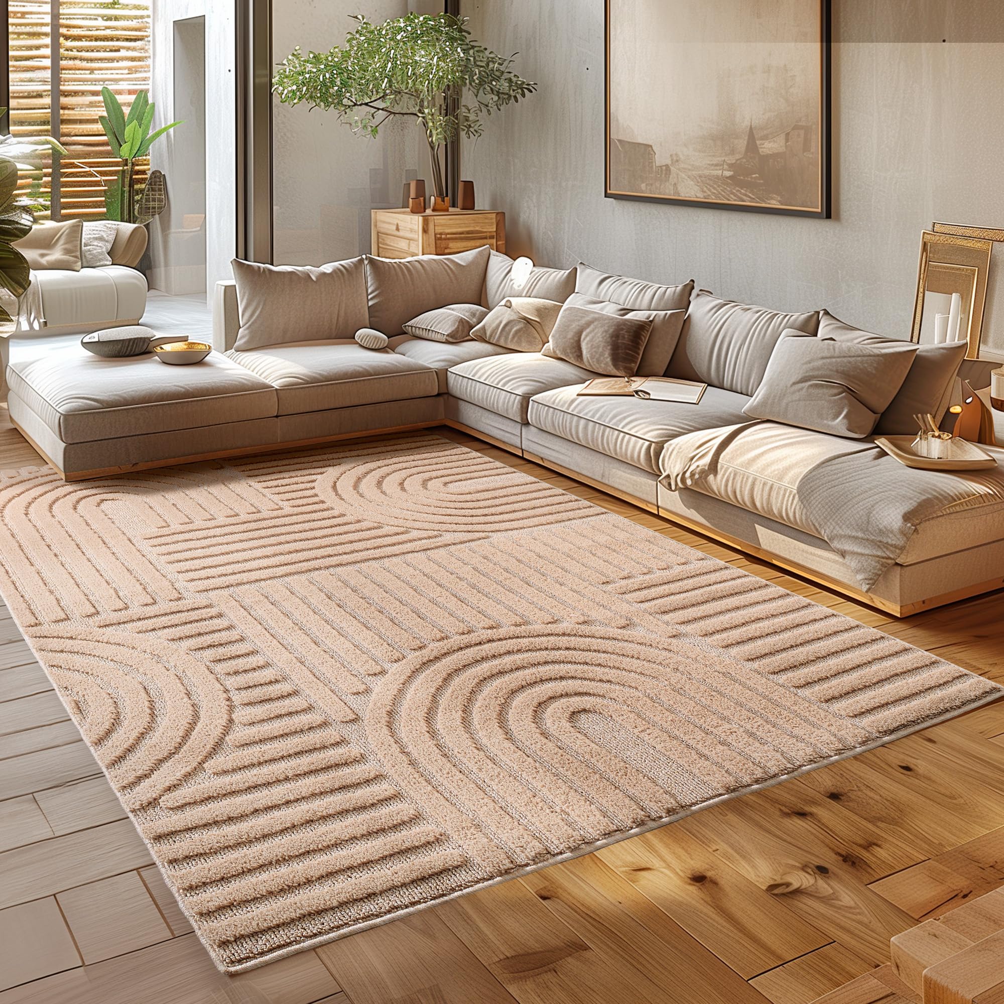 HomebyHome Wohnzimmer Teppich Hochflor Skandi Boho Design Hoch-Tief Effekt Weicher Shaggy Langflor Flauschig Pflegeleicht Modern für beistelltisch