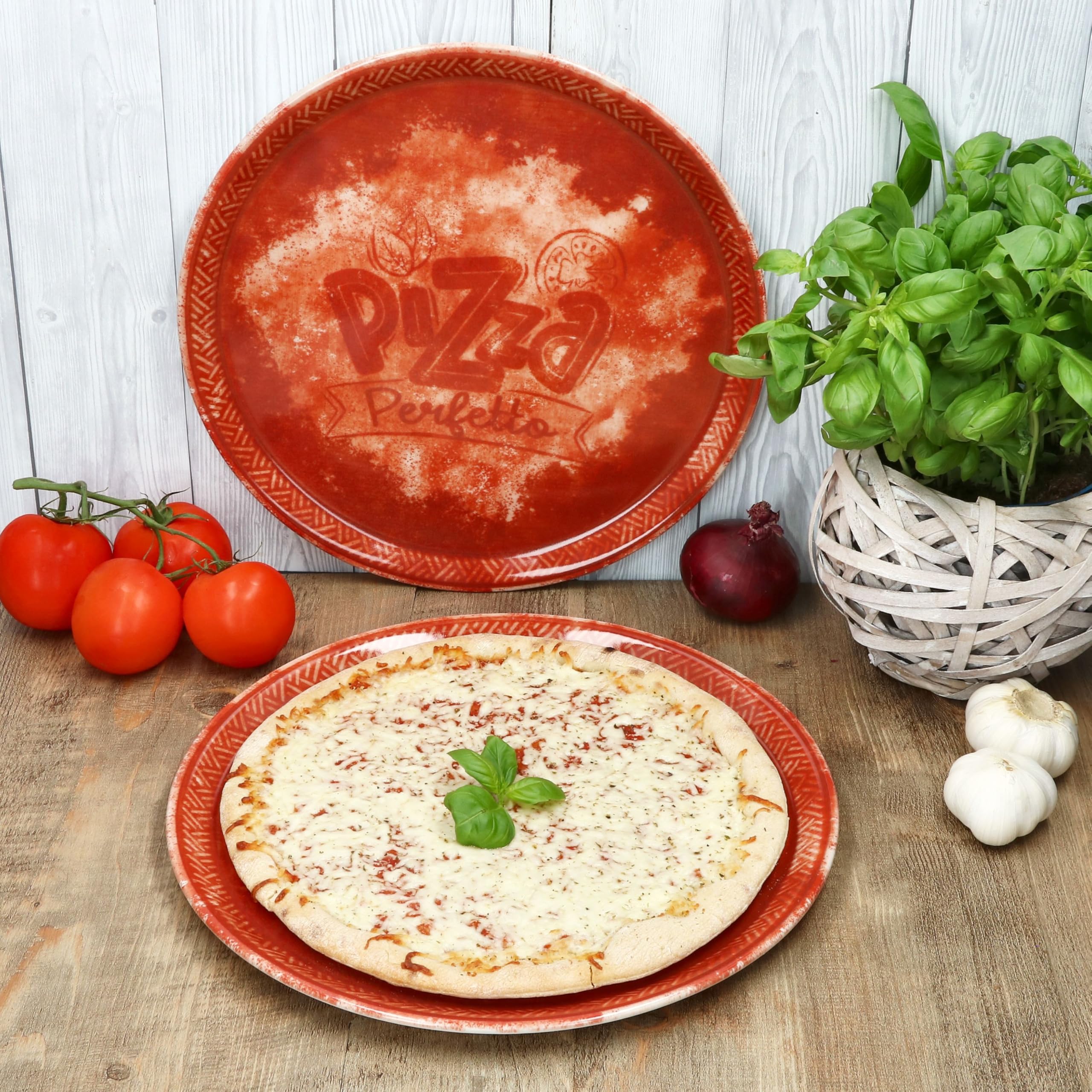 MamboCat Perfetto - Set di 6 piatti per pizza, diametro 31,5 cm, rosso, per 6 persone, in porcellana rustica per pizza, torte flambate e molto altro ancora, grandi piatti piani con decorazioni e