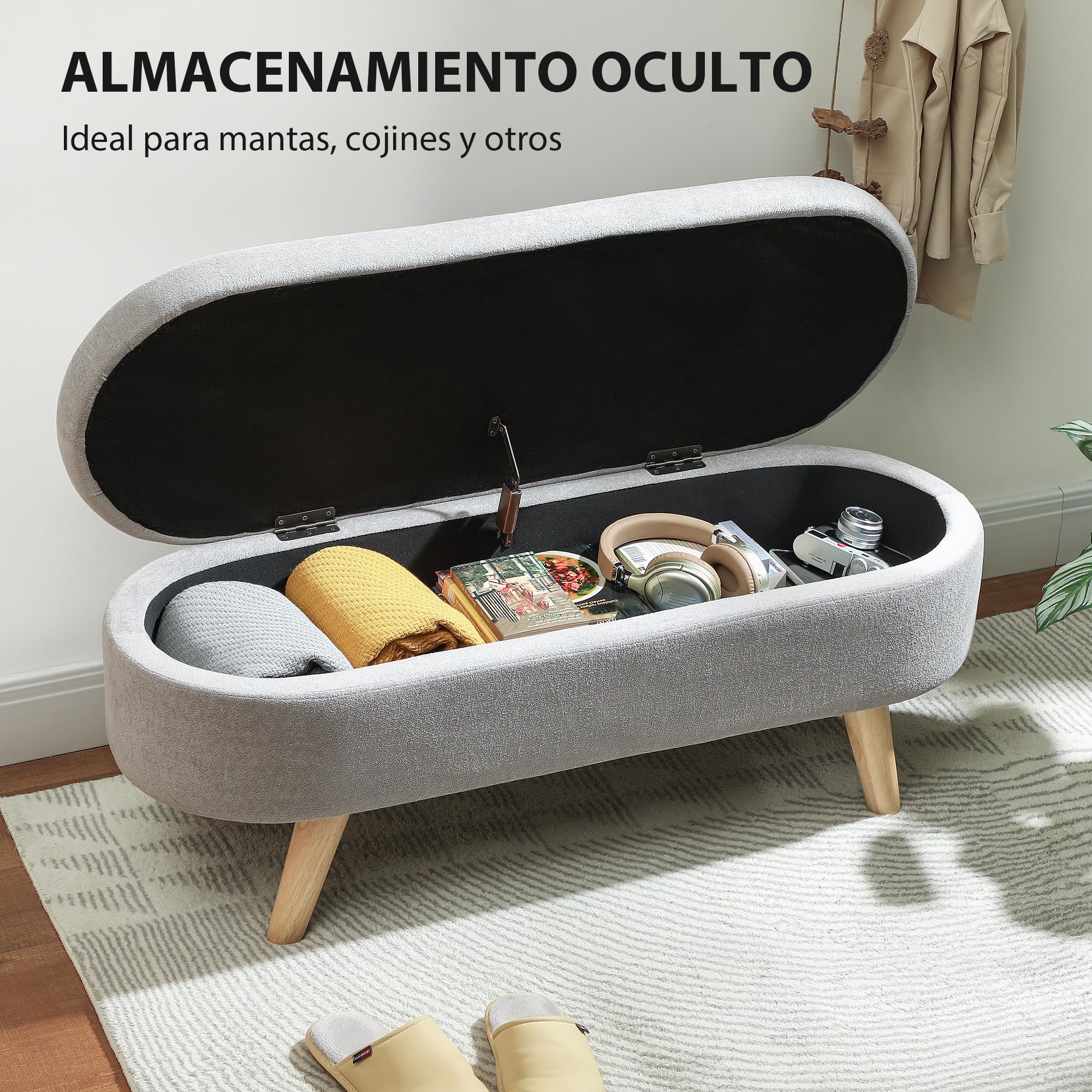 HOMCOM Banco Pie de Cama, Puff Almacenaje Tapizado en Terciopelo de Teddy con Patas de Madera y Asiento Acolchado, Banco de Almacenaje Ovalado para Dormitorio, Entrada, Pasillo, Gris Claro
