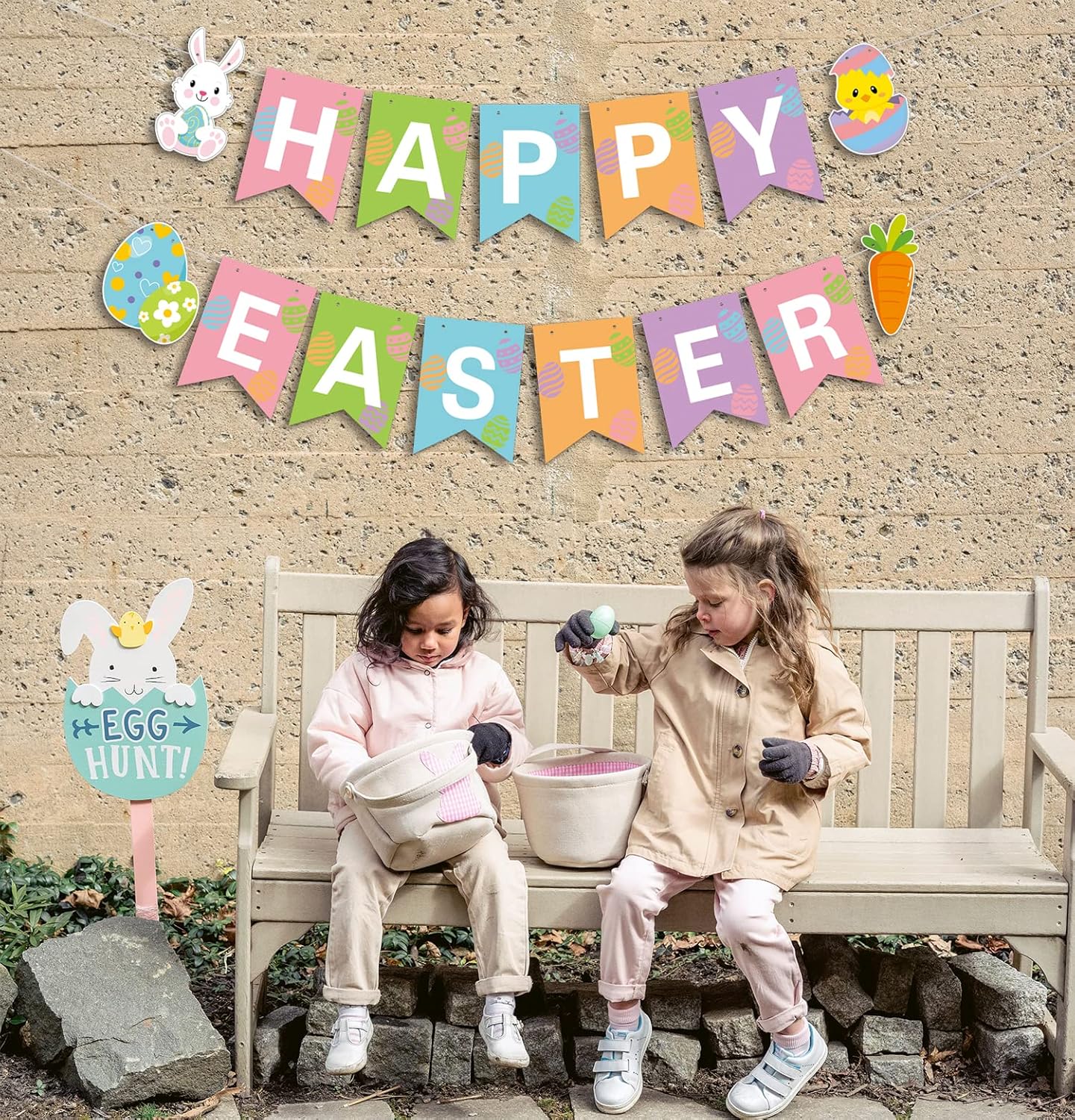 JOZON Happy Easter Banner - Multi-colored, 5.12" x 7" Flags, Easter Party Decorations with Bunny, Eggs, Chick & Carrot Signs