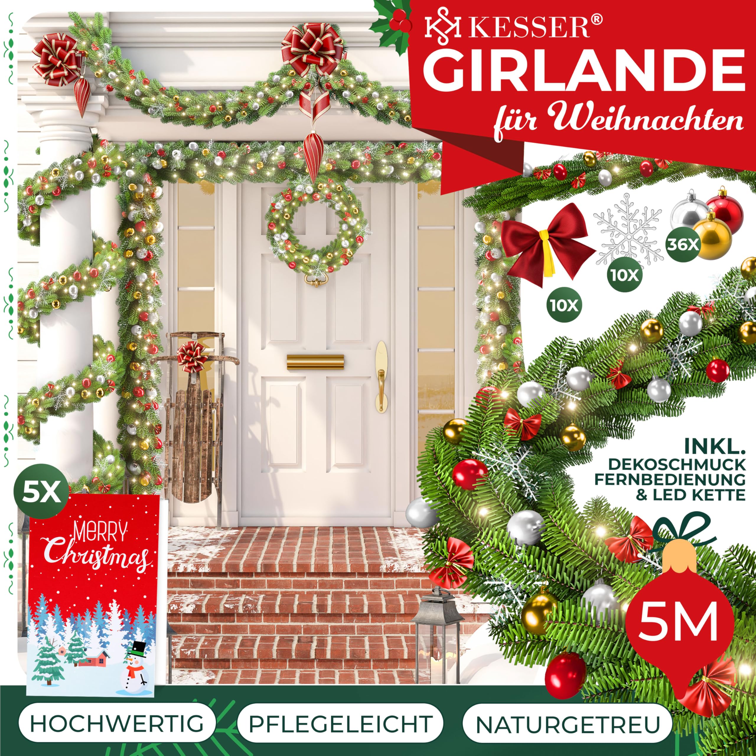 Ghirlanda Di Natale LED 2x5m, 80 Luci Bianco Caldo, Telecomando, Timer, IP44, Per Interno Ed Esterno