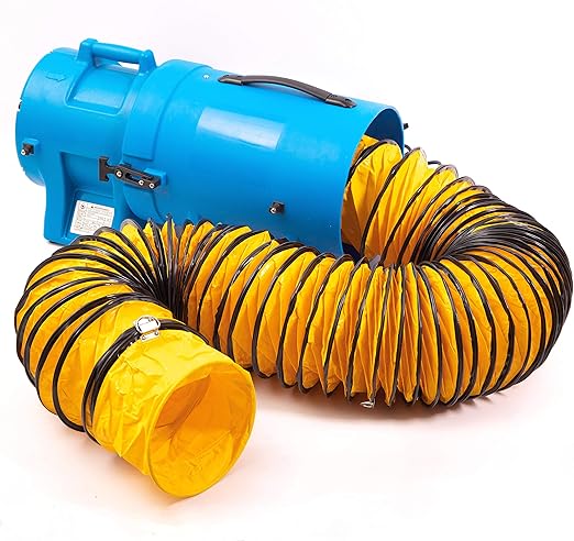 MOUNTO 8inch 1/3hp High Pressure Axial Blower Fan for Ventilation w/ 25ft Hoses and Canister