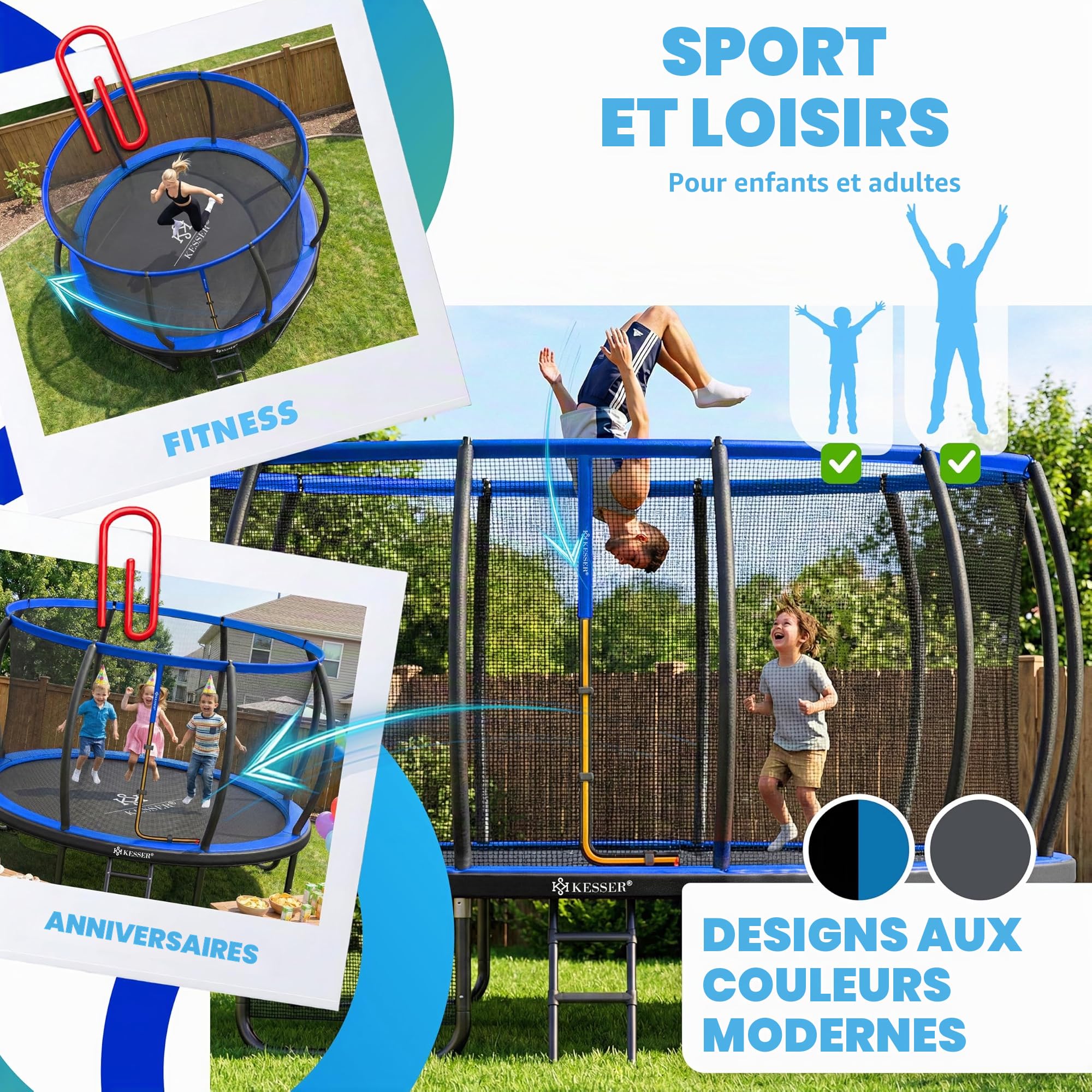 KESSER Trampoline d'extérieur Ø 244/305/366/427 cm, certificat GS, trampoline de jardin pour enfants et adultes < 150 kg avec filet de sécurité, sac, échelle, housse de bord et barres de filet