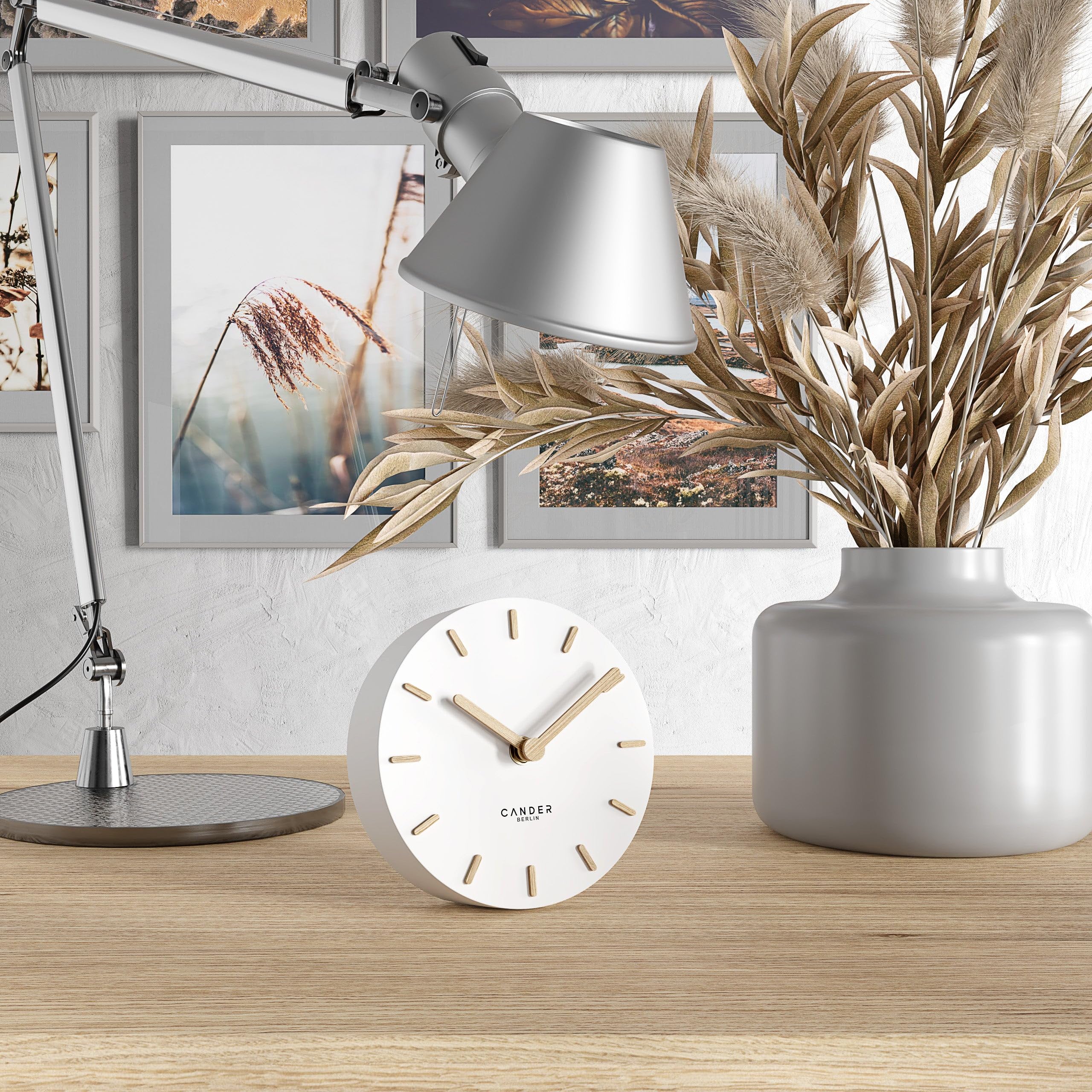 Cander Berlin MNU 2515 F - Reloj de mesa silencioso sin tictac, 15 cm analógico, a batería, color blanco, con puntero de madera MDF