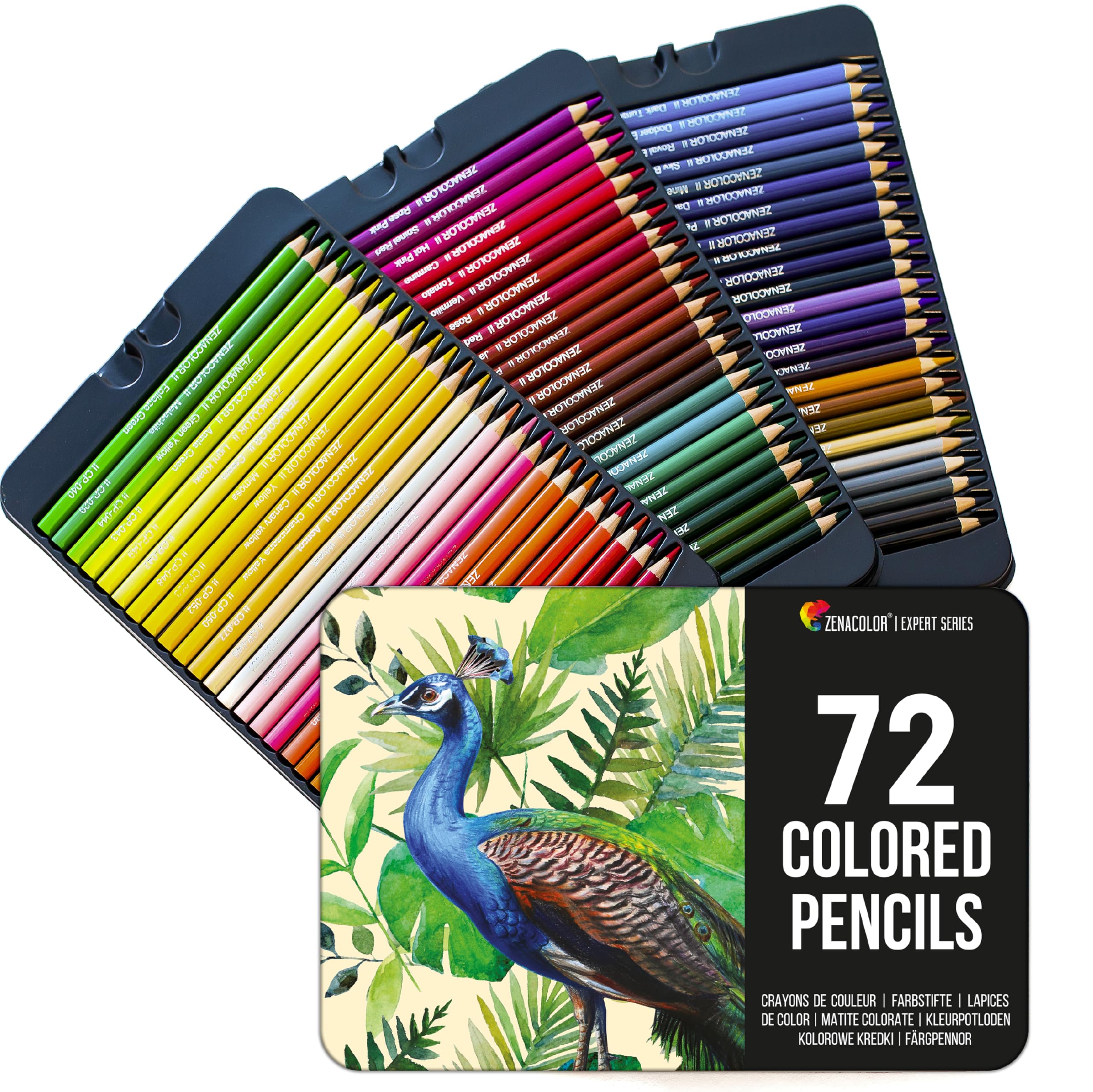 Zenacolor 72 Lápices de Colores (Numerado) con Caja de Metal 72 Colores Únicos para Libro de Colorear - Fácil Acceso con 3 Bandejas - Regalo Ideal para Artistas