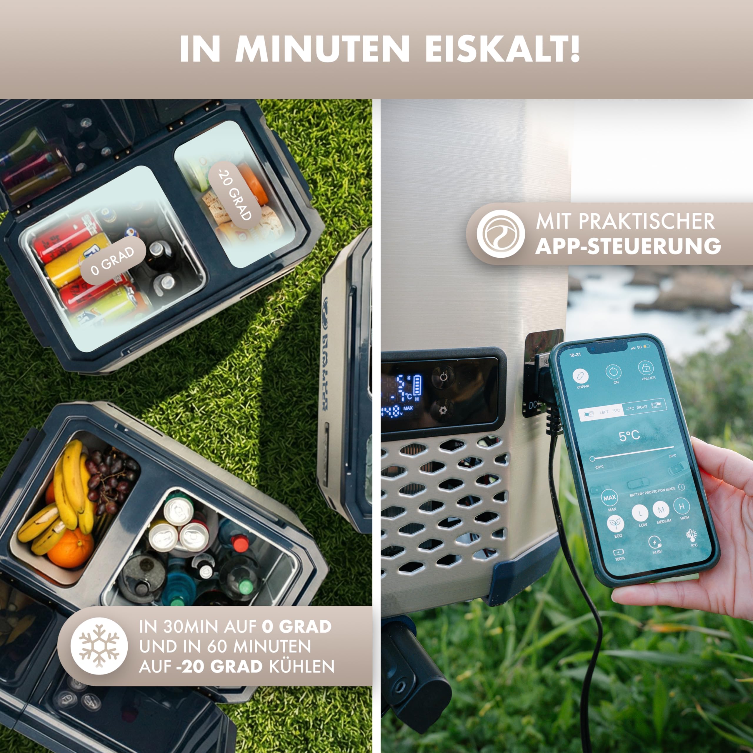 NATURBUMMLER Kompressor Kühlbox mit Vakuum-Isolierung [VAC-CORE] Reisekühlschrank 12V 230V mit Dual-Zone bis -20°C (App-Steuerung) Kühlbox Camping Mobile Gefrierbox Outdoor Kühltruhe