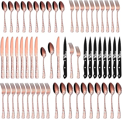 Stapava Juego de cubiertos de cobre de 60 piezas, acero inoxidable, color oro rosa, servicio de cubiertos para 10, utensilios de comedor de espejo,