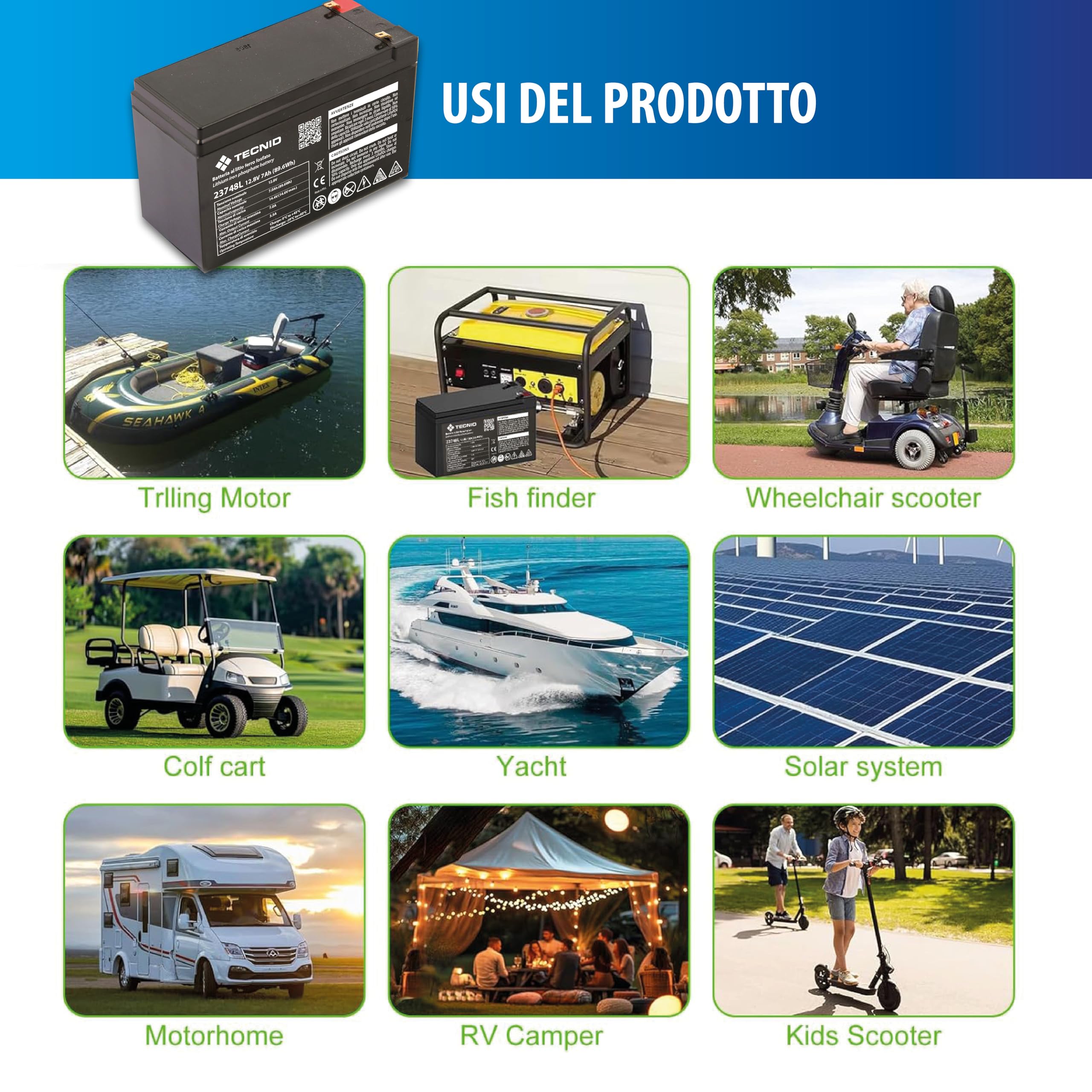TECNID by Velamp 23748L - Batteria al Litio 12V 7Ah - Attacchi Faston F2 - Ideale per Sistemi di Backup, Allarme, Videosorveglianza, Antincendio, Domotica e UPS
