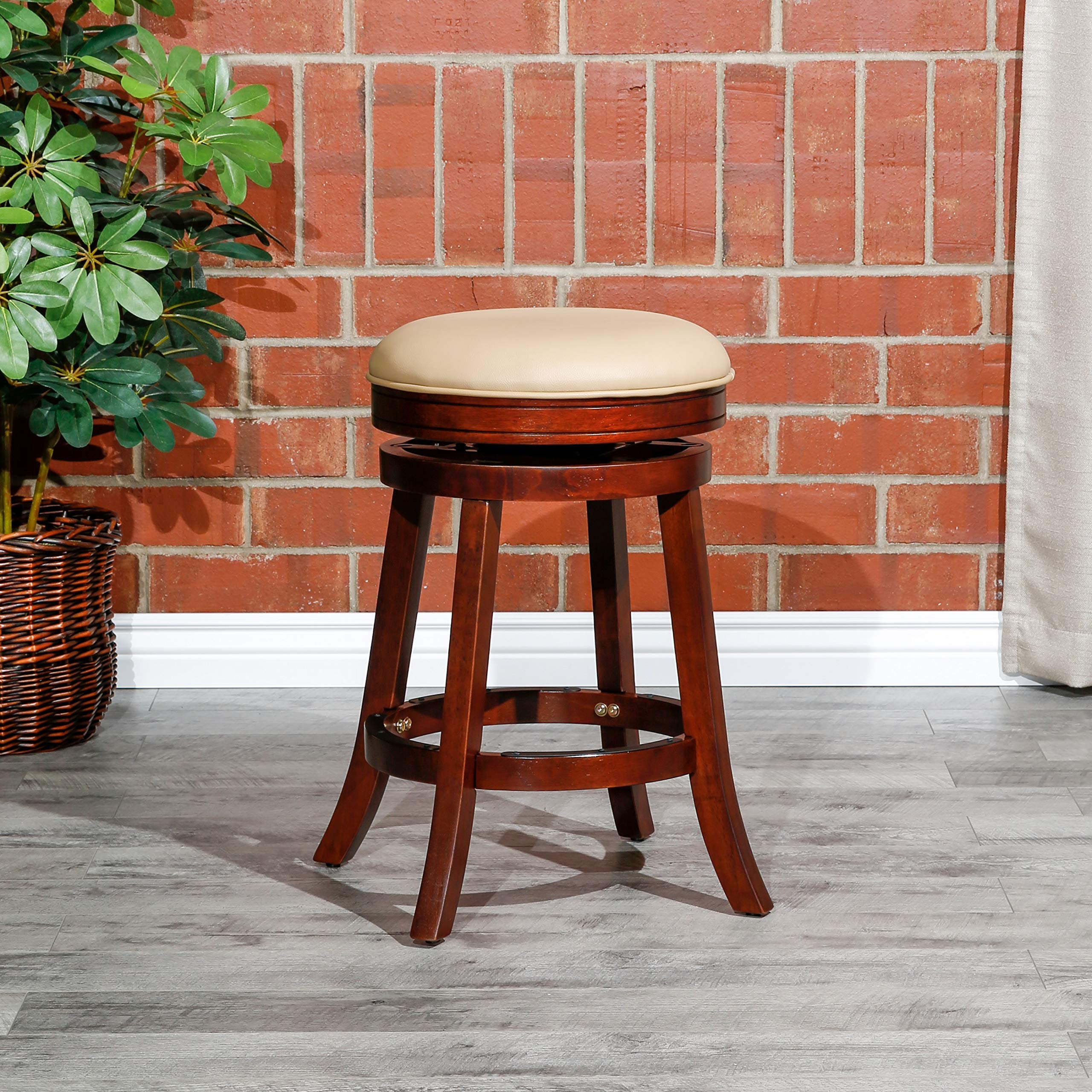 DTY Indoor Living Creede 26 Inch Counter Height Stools - Backless Swivel, Cherry Finish with Bone Leather Seat