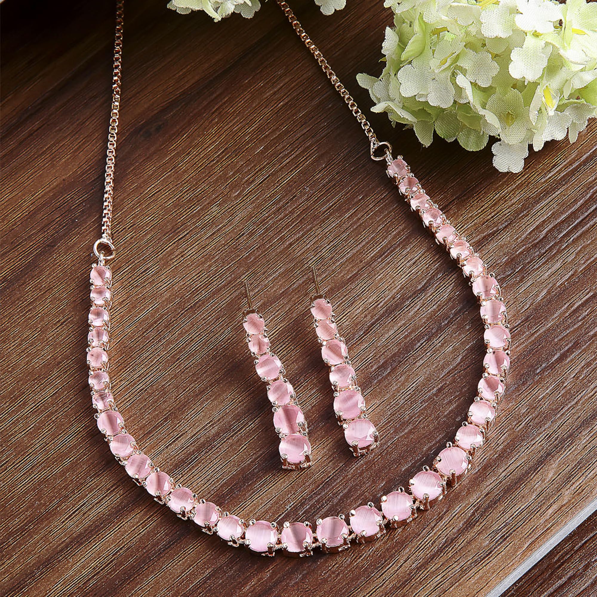 Classic Style AD American Diamond Rose Plated Circle Necklace Set