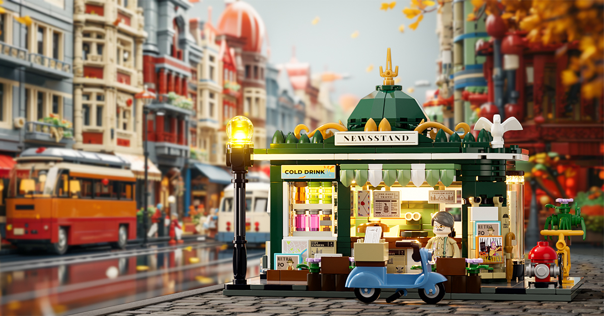FUNWHOLE Kiosk Verlichting klembouwstenen voor huis, bureaudecoratie, retro modulaire bouwset, cadeau voor volwassenen en jongeren, 556 stuks, F9023, nieuwsstand