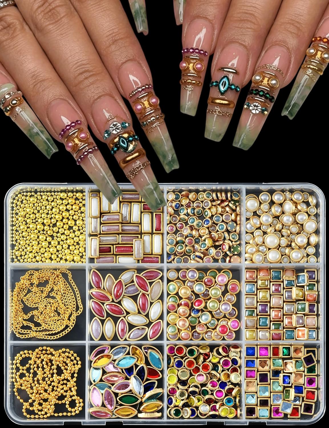 Bangle Nail Charms and Gems Luxury Flat Back Charms for Nails Jewels 3D Beads Chain Bulk with 12 Grids