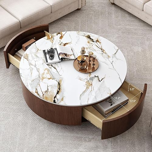 KEVINSPACE 35.4" Round Coffee Table with Faux Marble Tabletop, 2 Drawers Storage Stainless Steel Legs Modern Luxury Circle Drum Center Tables Wood Coffee Tables for Living Room, Bedroom,Walnut Brown