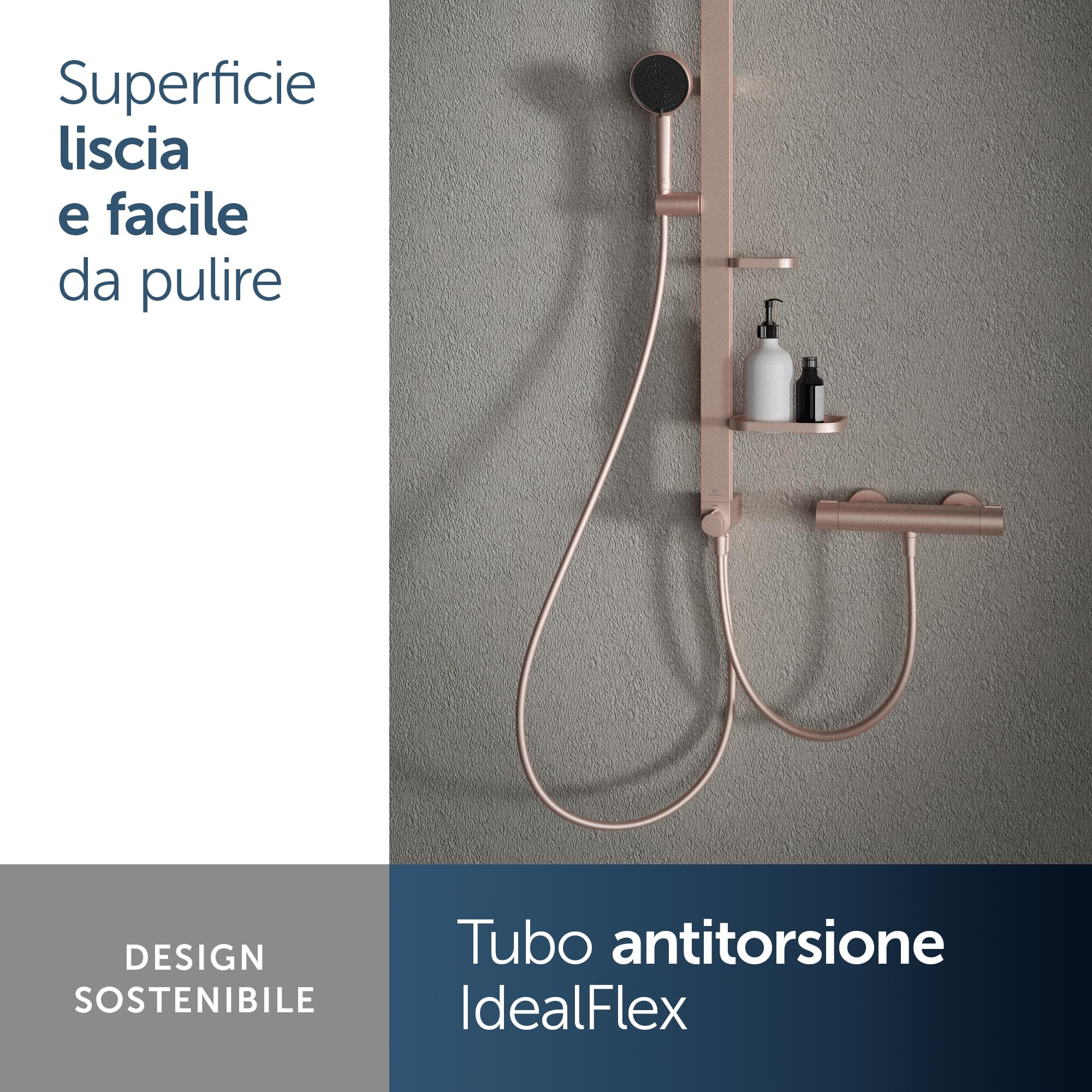 Ideal Standard Ceratwist Alu+ Colonna doccia, Realizzata con l'100% di alluminio riciclato, doccia a risparmio idrico con tipi di getto variabili – Rosé (338x501x1104 mm)
