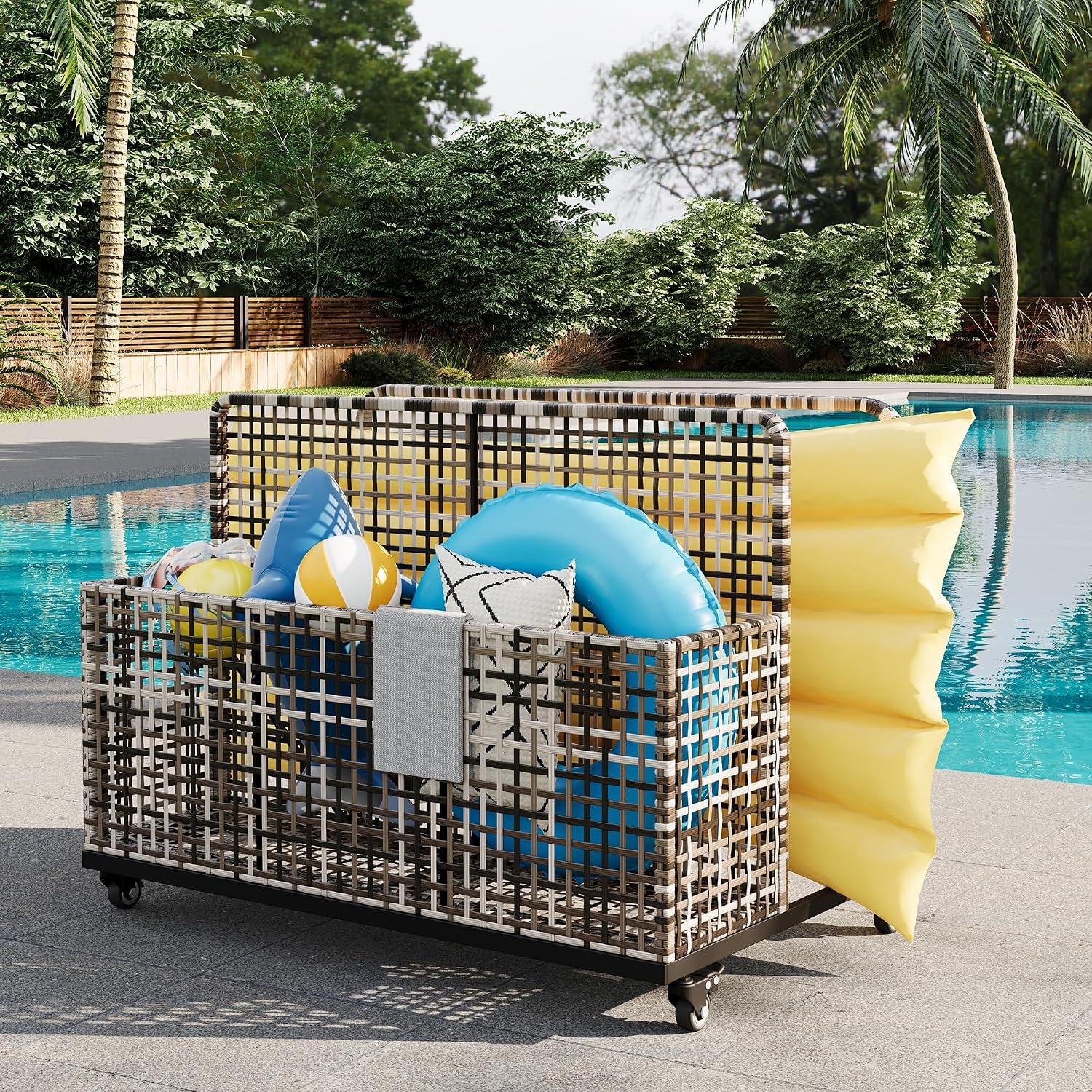 Pool Float Storage Organizer with Rolling Wheels, Outdoor Wicker Rattan Pool Caddy & Toy Storage Basket for Poolside, Patio & Deck, All-Weather PE Rattan Pool Caddy, 1 Open Compartment, Grey
