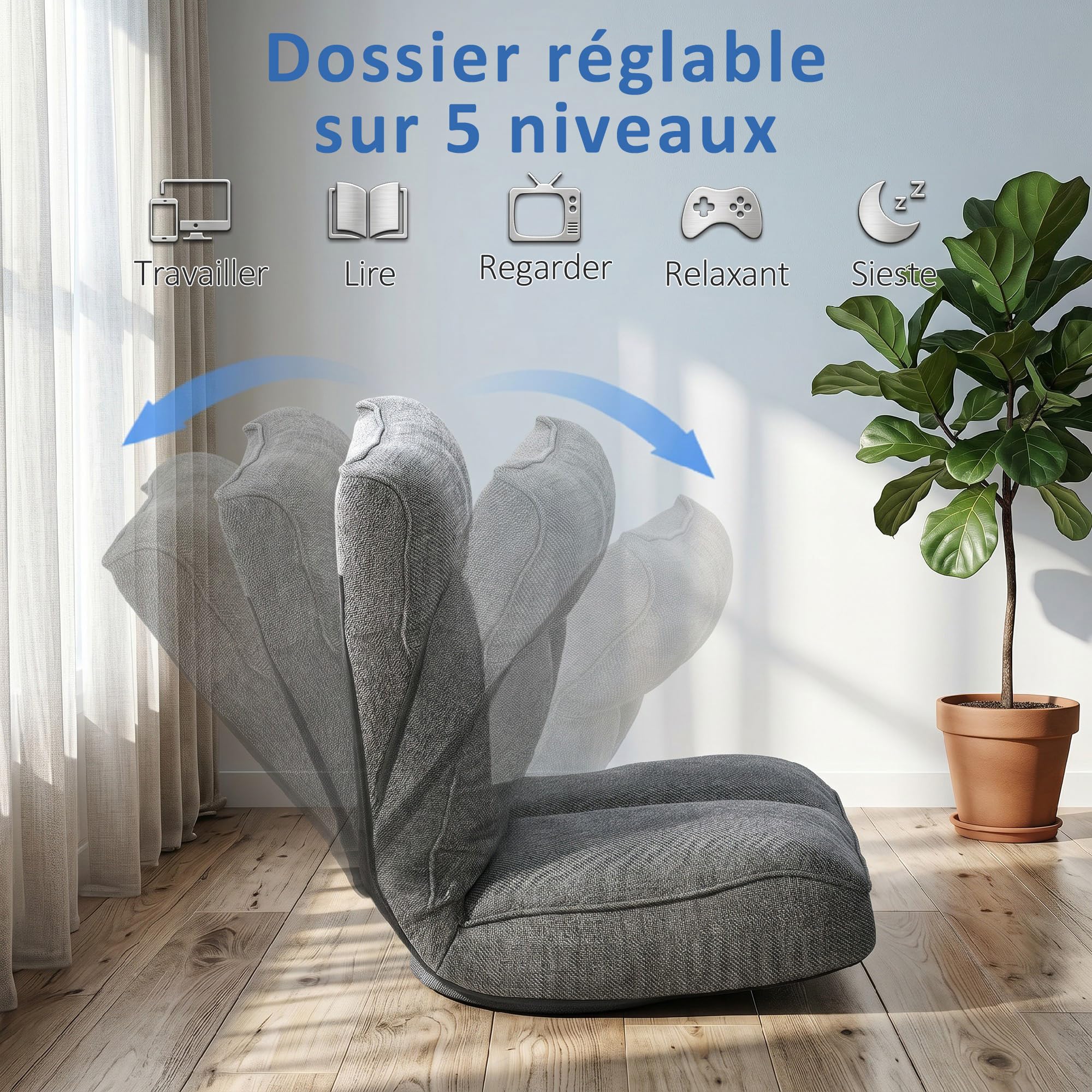 HOMCOM Fauteuil de Sol Pliable et Pivotant à 360°, Chaise de Sol Rembourrée avec Dossier Inclinable 5 Positions, Canapé Paresseux en Lin pour Salon, Bureau, Chambre, 58x107x79 cm, Gris
