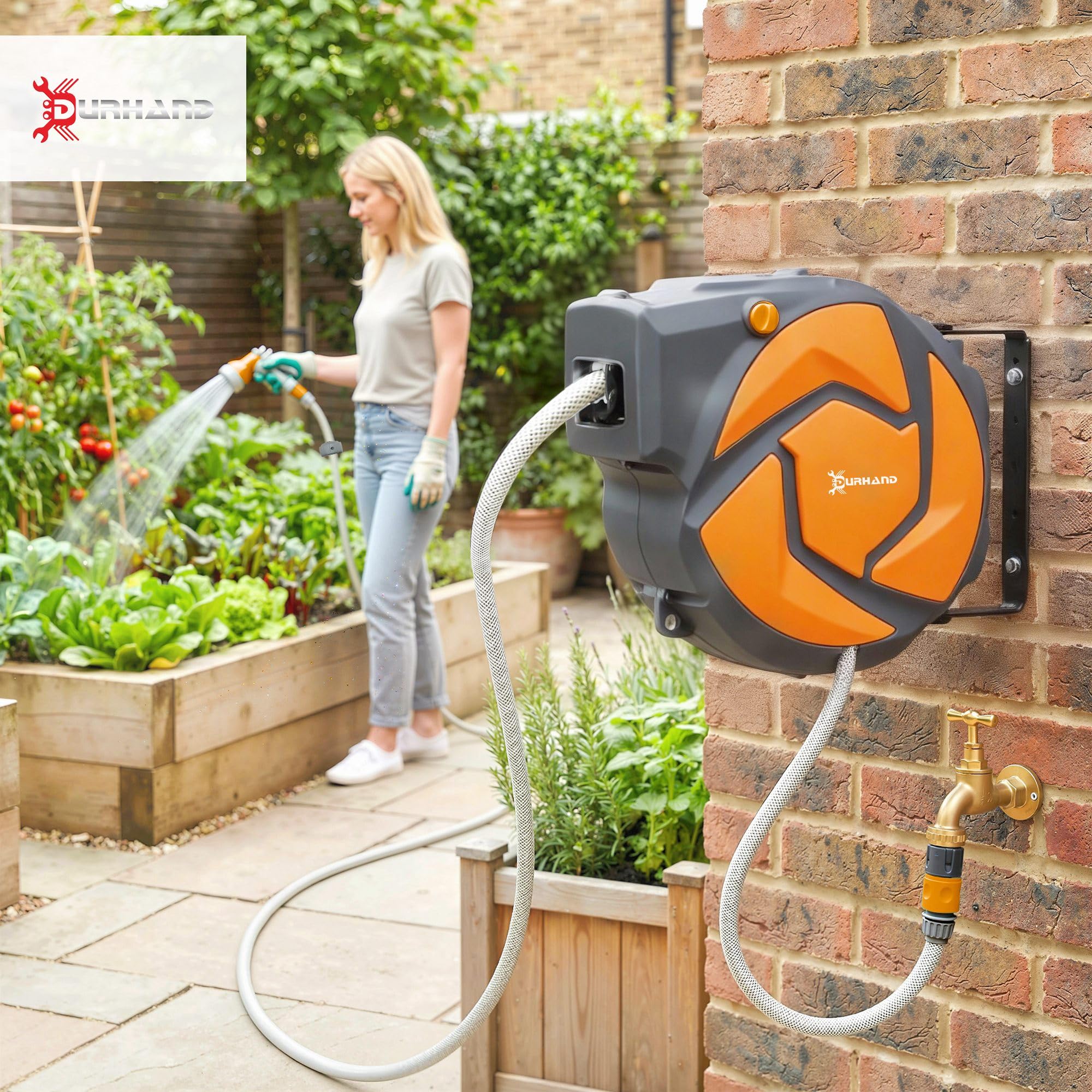 DURHAND Avvolgitubo da giardino 10+1 m con ugello a 7 funzioni, bobina avvolgitubo da giardino a parete, girevole a 180°, con riavvolgimento automatico, grigio scuro e arancione