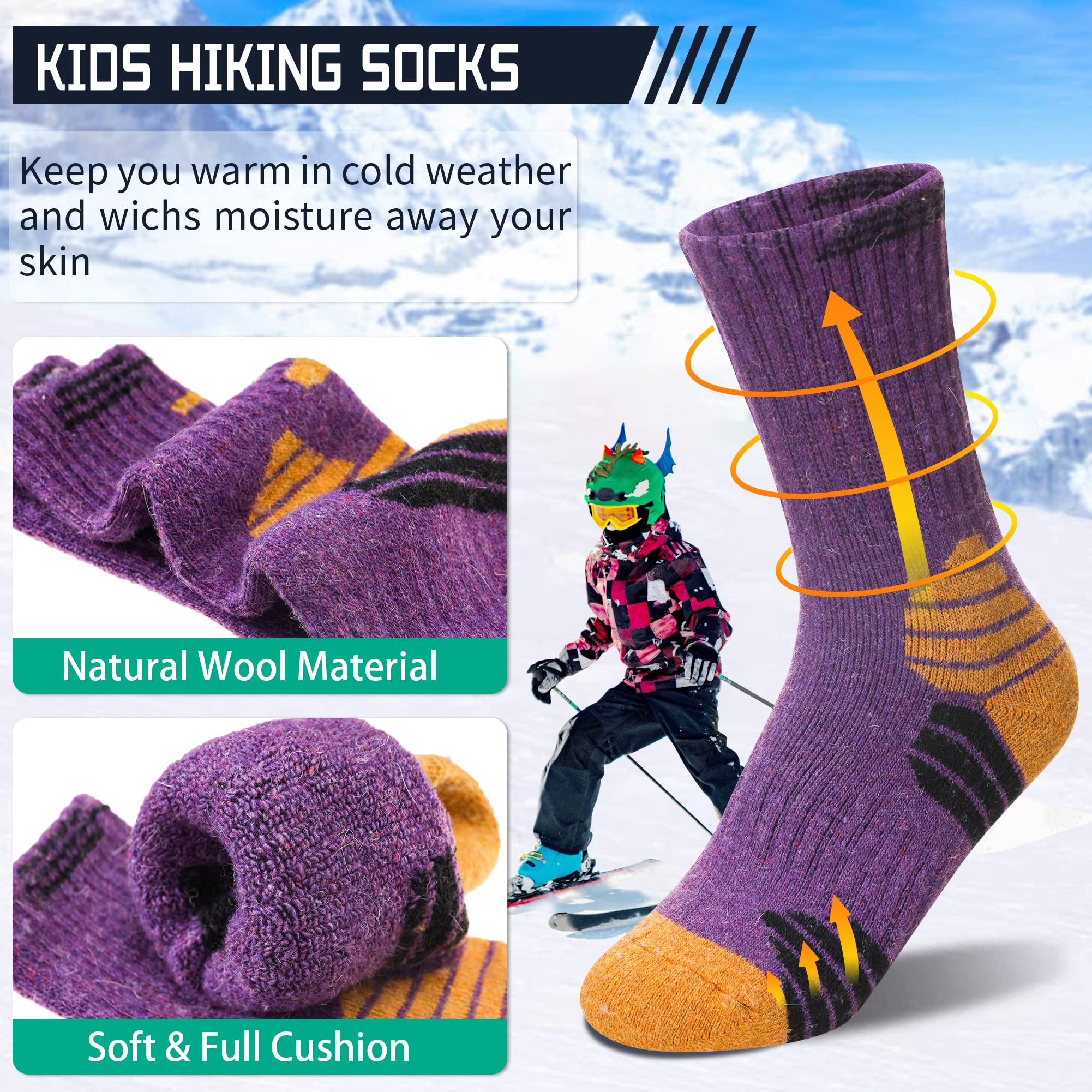 Kids Hiking Walking Socks, Boys Girls Toddlers Merino Wool Warm Socks,Wicking Cushion Crew Socks(6 Pairs B, 9-13 Years)