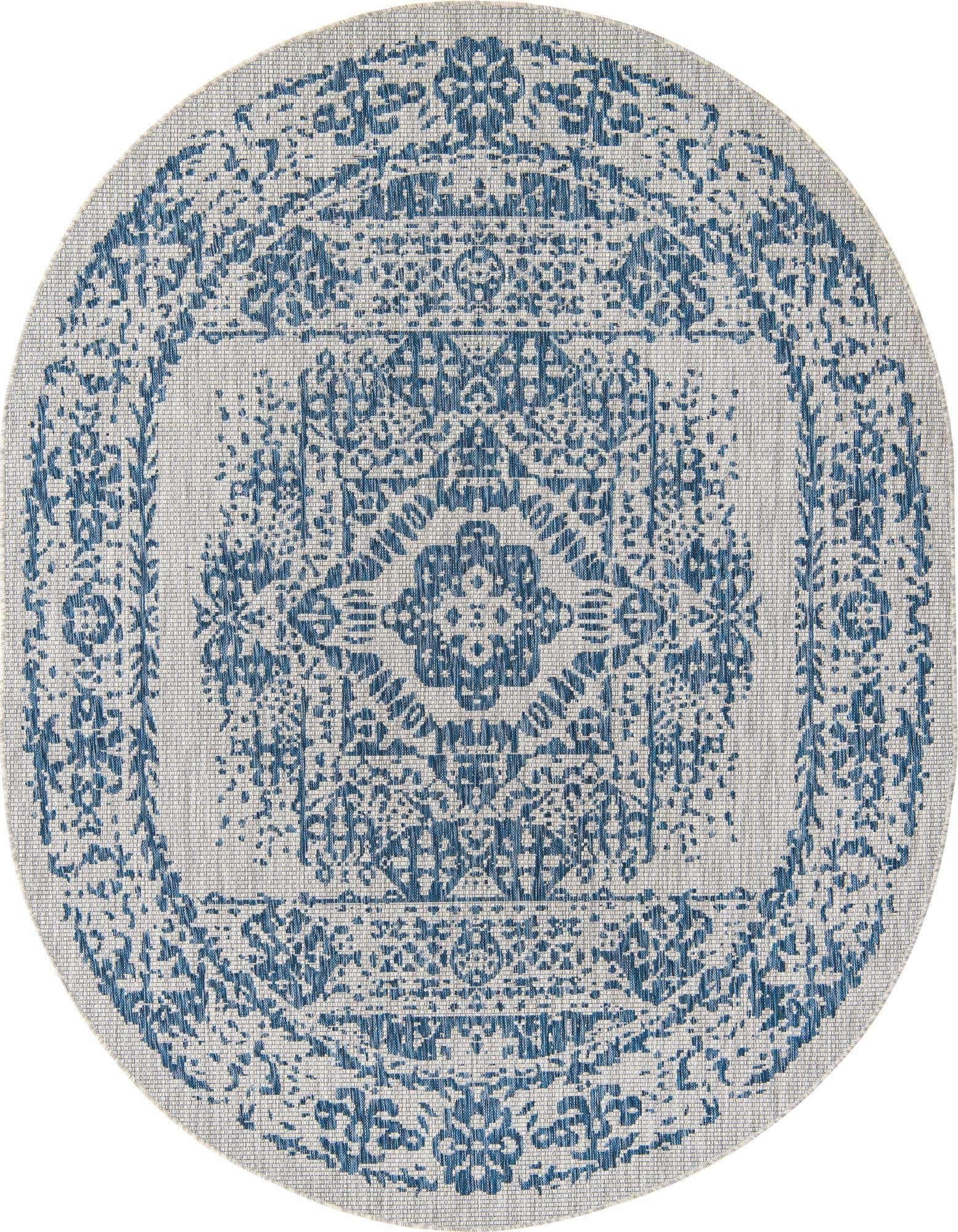 Unique Loom Outdoor Traditional Collection Area Rug - Timeworn (7' 10" x 10' Oval, Blue/ Gray)