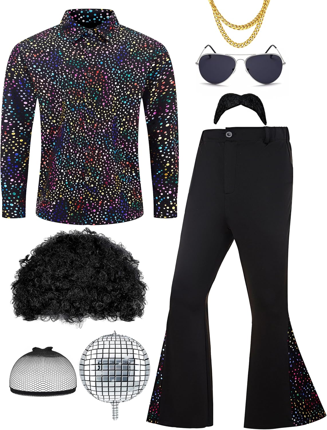 70s Disco Outfit for Men 70s Costume with Retro Shirt Bell Bottom Pants Wig Sunglasses Necklace Mustache