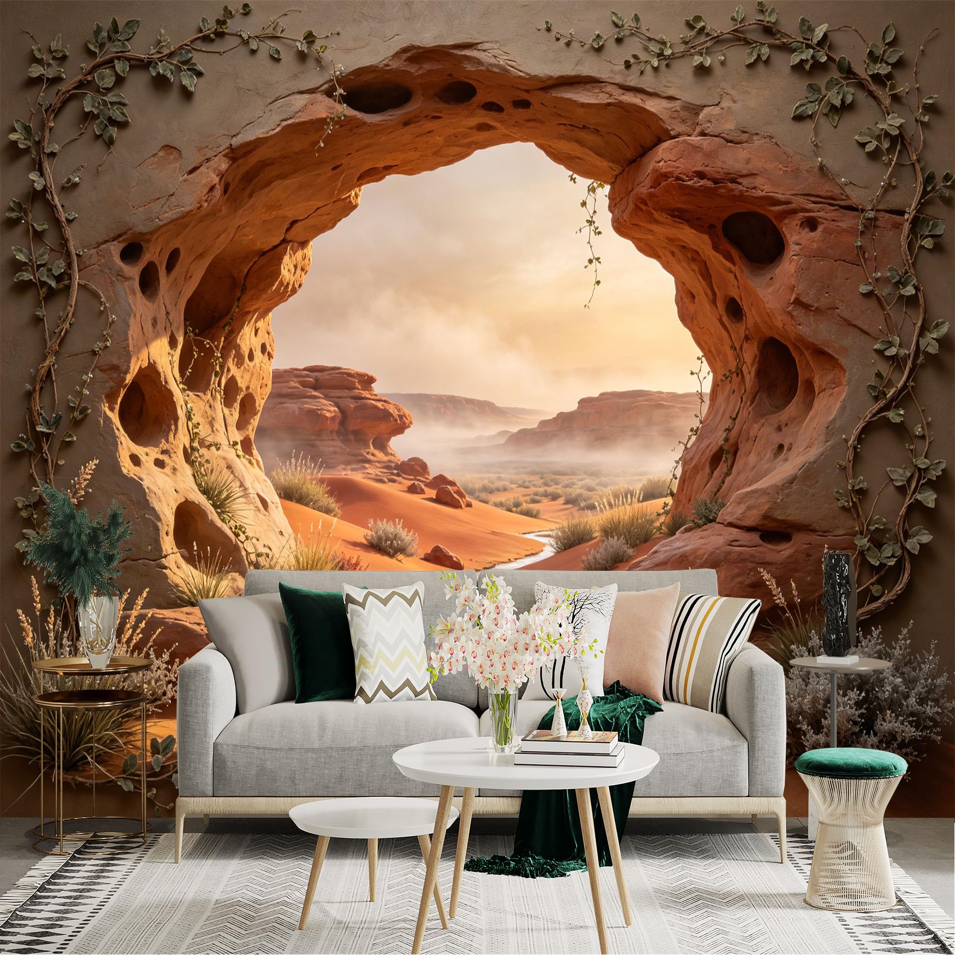 Custom Size Wall Sticker Mural， Desert Canyon with Arch， Stream and Sunset Landscape， for wall Decoration， peelandstick wall Decals.