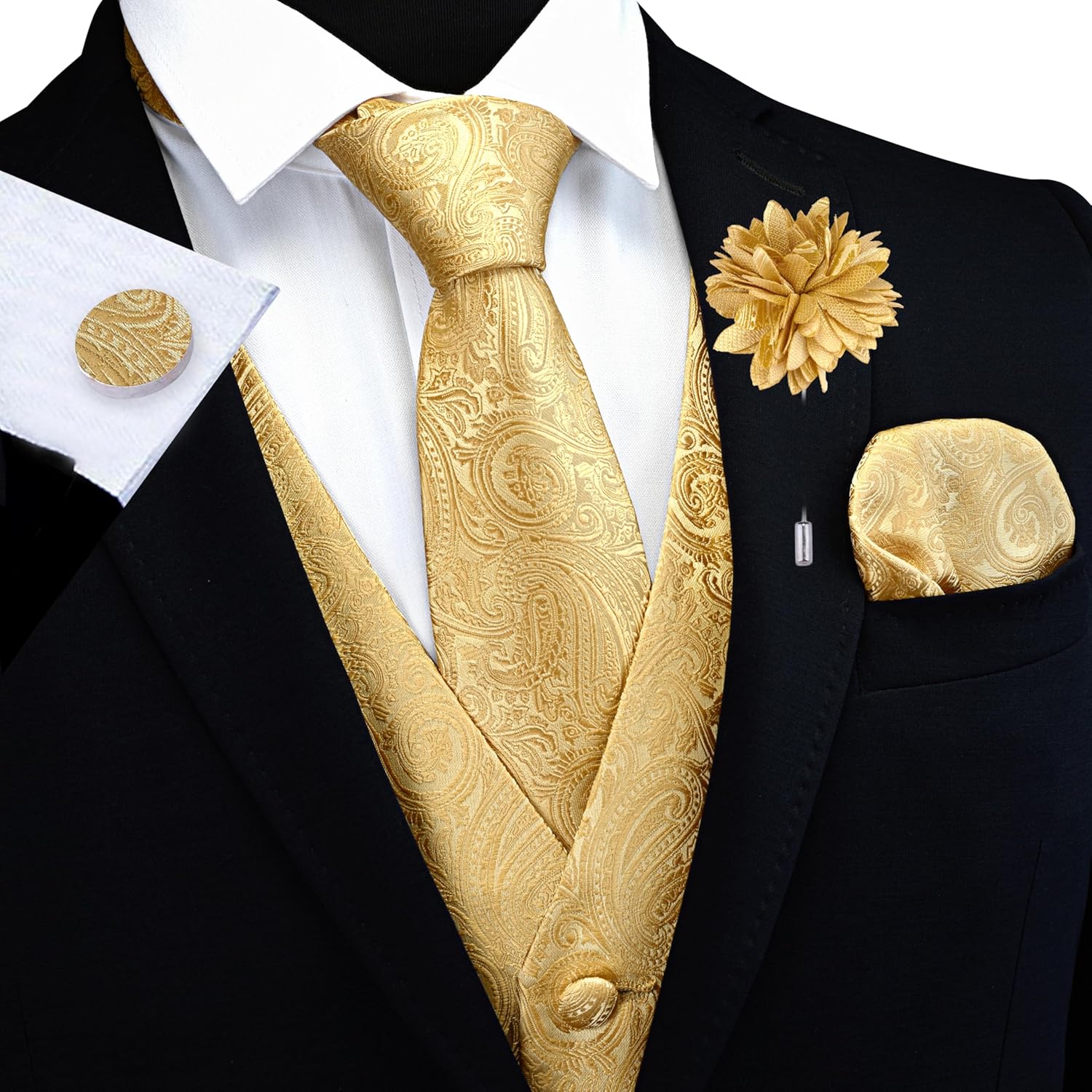 GUSLESON Formal Men Vest Paisley Floral Jacquard Tie Waistcoat Bow tie Hanky Lapel Pin Cufflinks Set Wedding 7PCS