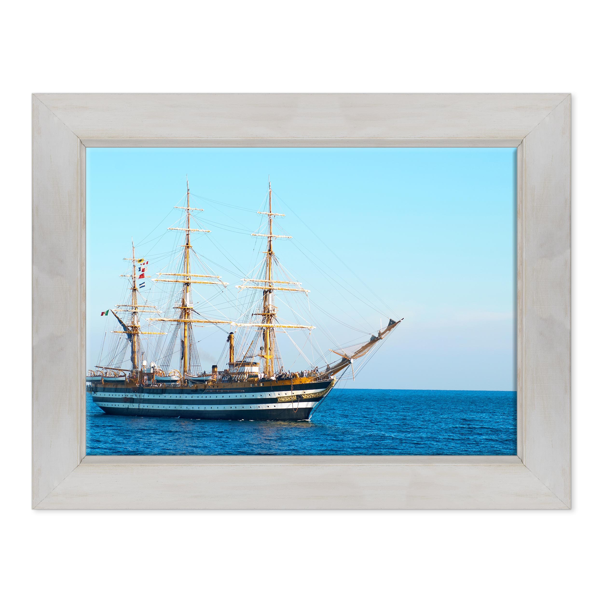 Quadro su Tela Canvas INTELAIATO - con Cornice - Nave Battello Amerigo Vespucci - Mare Pirati Oceano - 50x70cm - Stile Country Bianco Shabby - (cod.3304)
