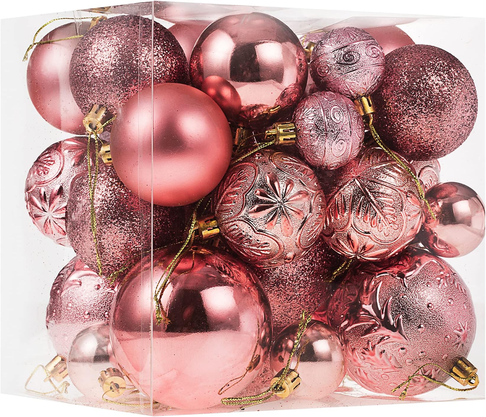 Rose Gold Shatterproof Christmas Ornaments, 32 Pcs, Plastic, Hanging, Christmas, Wedding