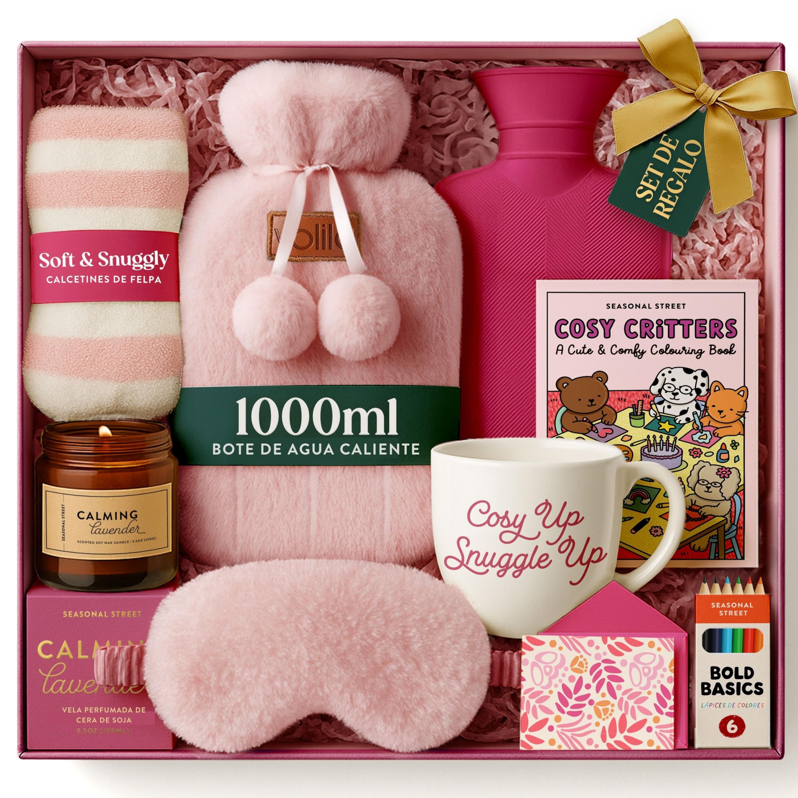 Regalo para Mujer - Set Regalo Mujer con Bolsa de Agua Caliente Rosa, Calcetines de Felpa, Taza, Vela de Lavanda, Máscara para los Ojos y Libro para Colorear con Lápices