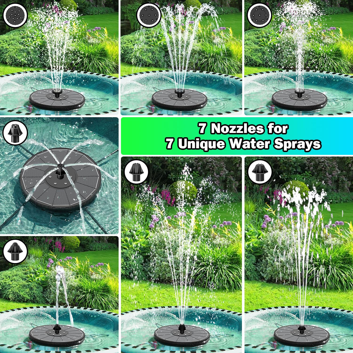 SZMP Solar Fountain Colorful LED, 3-Level Water Spray Height Adjustment, Rotating Rods Glass Bird Bath Fountains, 2000mAh Battery, 7 Nozzles Floating Solar Water Fountain for Garden, Pool (Black) - 3