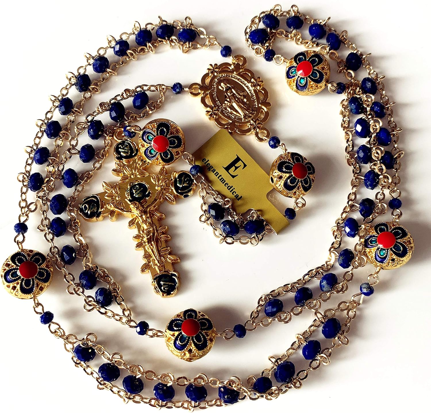 elegantmedical handmade Gold Ladder to Heaven Lapis Lazuli & Enamel Beads Catholic Rosary crucifix Necklace - Image 3