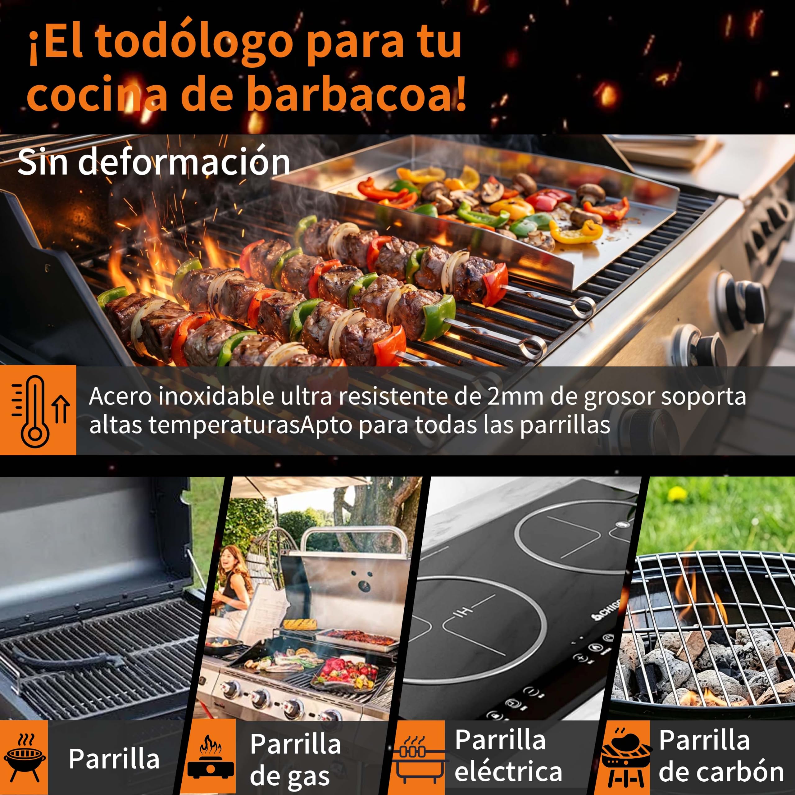 Plancha de Acero Inoxidable - Gruesa y Antioxidante, Incluye 2 Espátulas y 5 Brochetas - Para la Mayoría de Parrillas de Gas y Carbón (40x30x4CM)