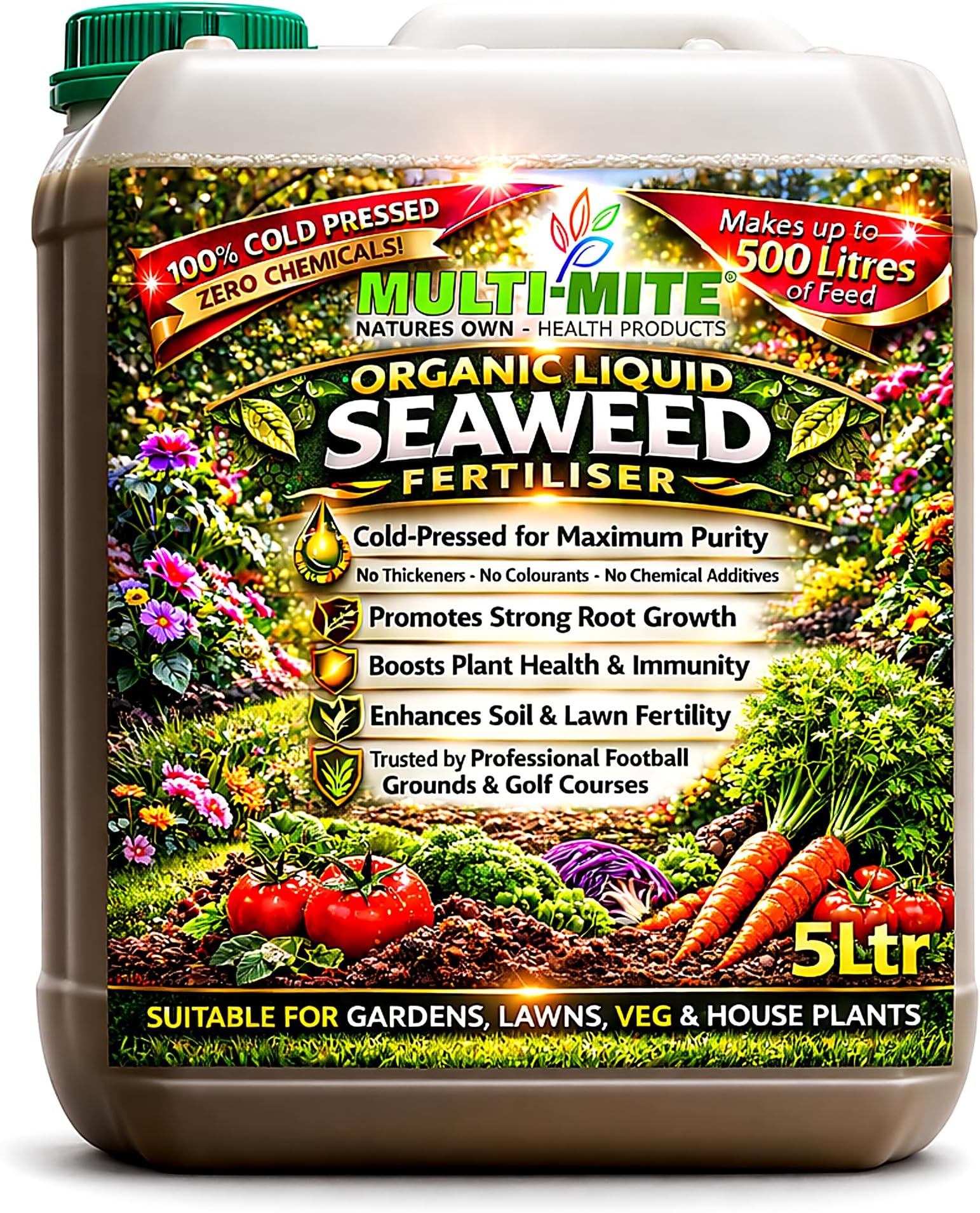 Multi-Mite Liquid Seaweed 5L Organic Cold Pressed Concentrate - 100% Natural - Plant Feed Fertiliser Trees Lawn Veg & House Plants Root or Foliar Feed (5 LITRES)