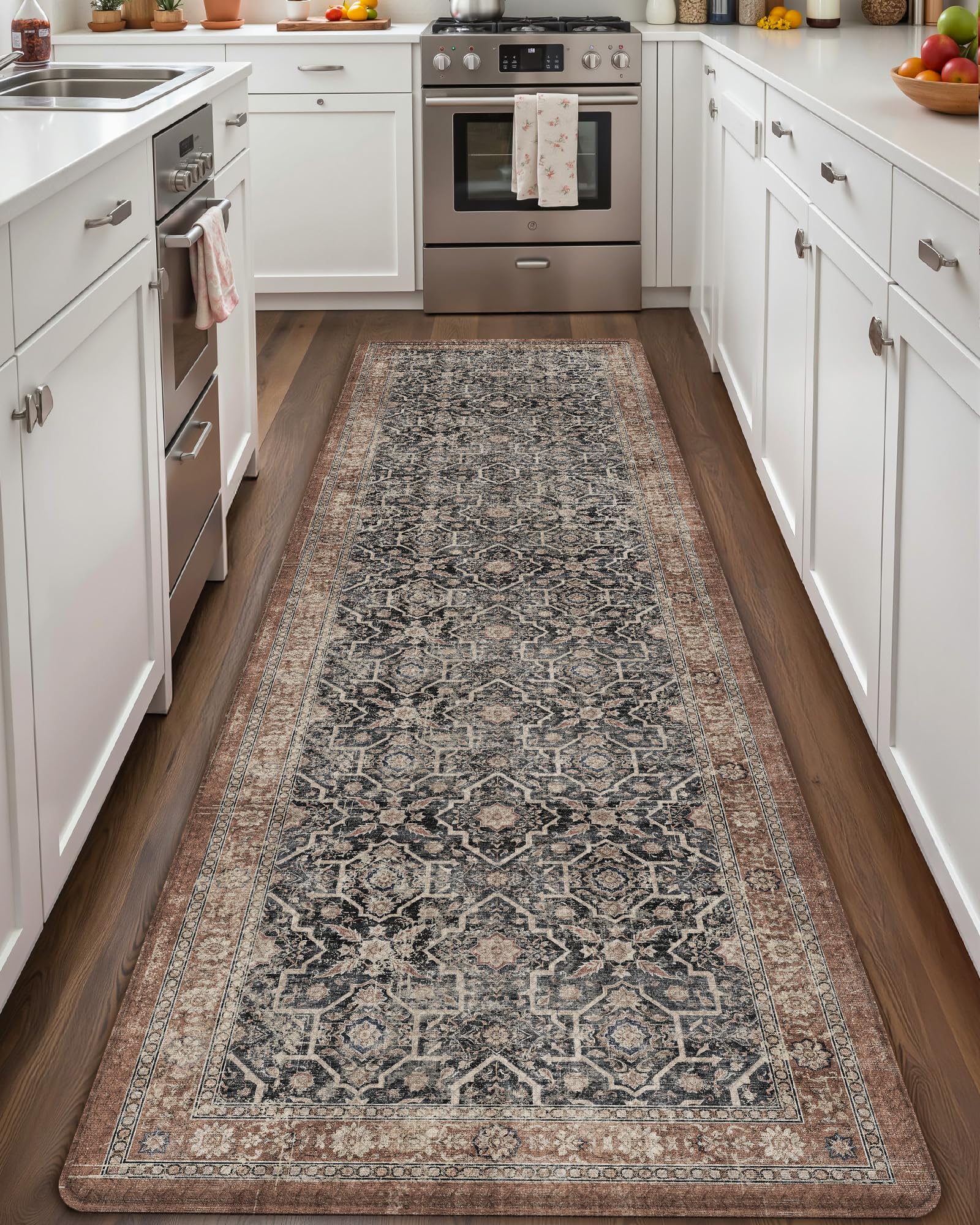 COLOR&GEOMETRY Kitchen Floor Mat 60x150cm Faded Vintage Anti Fatigue, Black