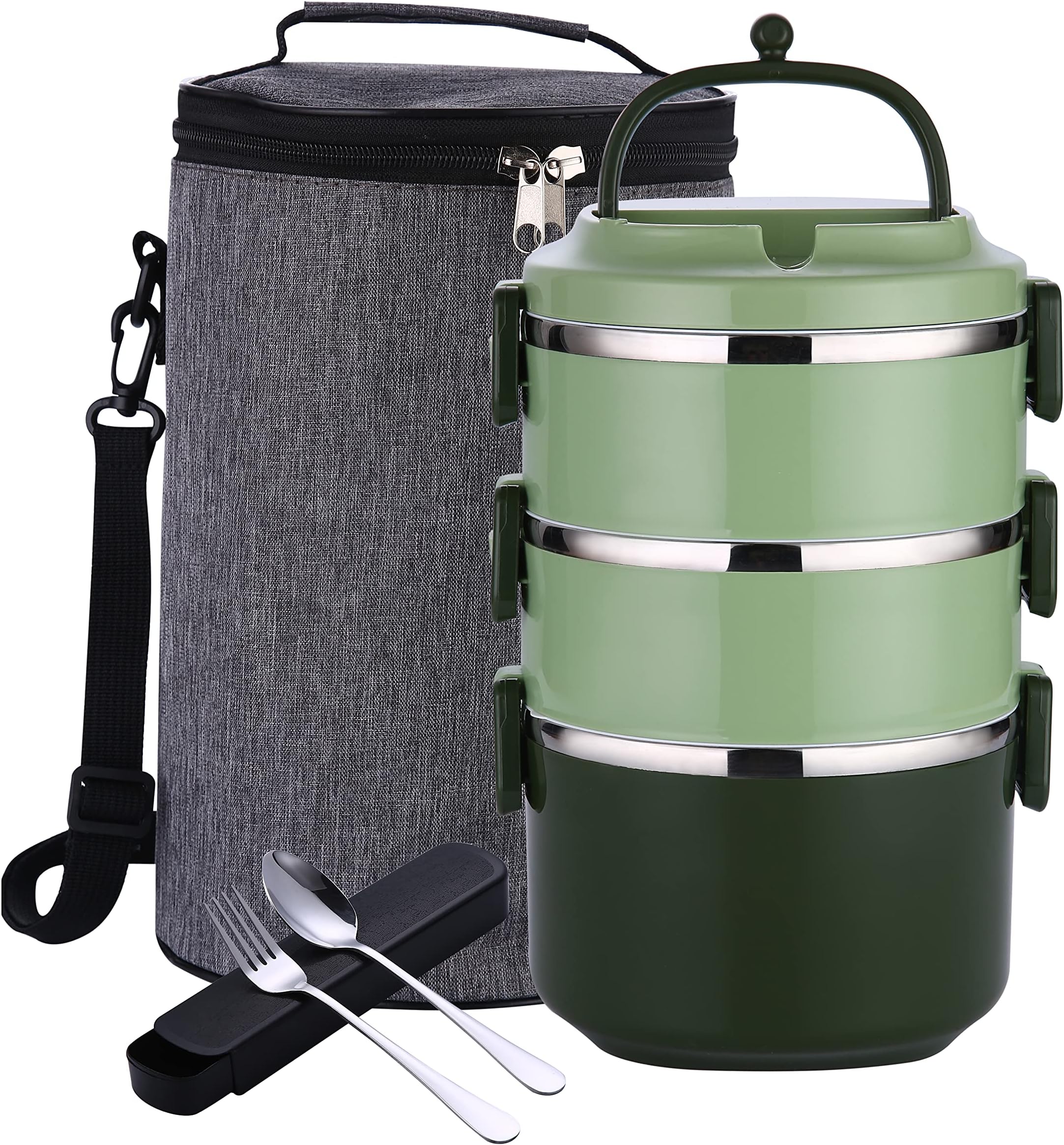 YFBXG Stackable Lunch Box, 3 Tier Stainless Steel Thermal Bento Lunch Box With Lunch Bag & Utensils (Green, 3 Tier) โฆ