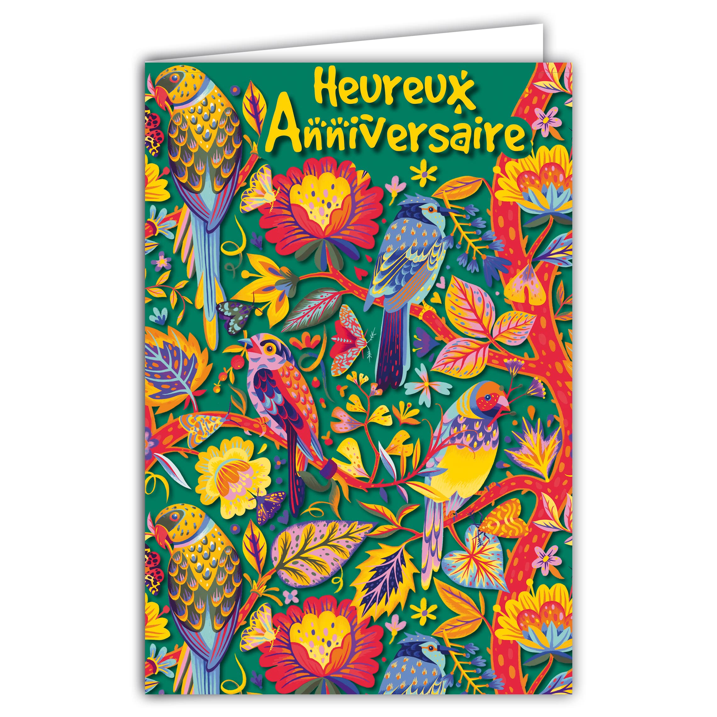 Afie Happy Birthday Card Illustration Colourful Birds Budgie Flower Butterfly with Envelope Format 12 x 17.5 cm Paper 300 g from sustainable forests Glossy Made in France 69-8026