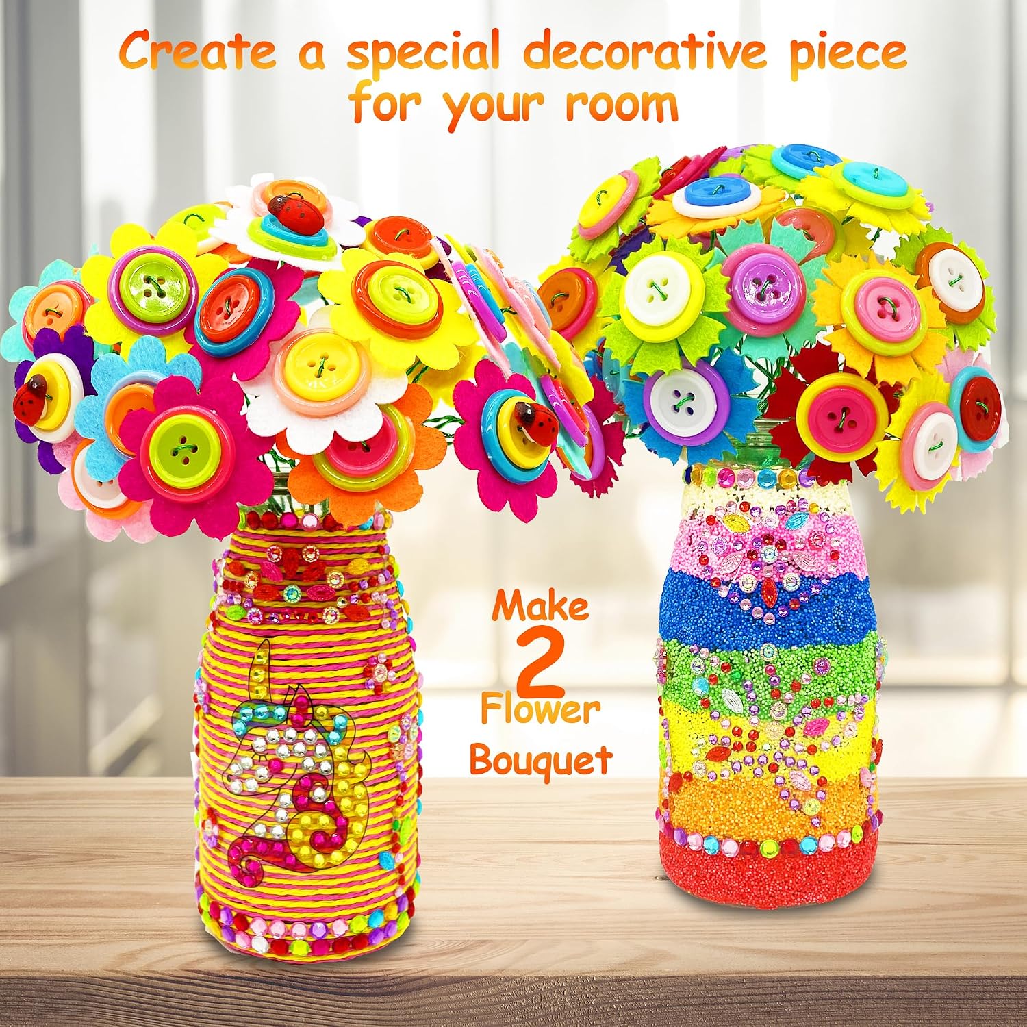 Kit De Manualidades De Flores Con Botones Para Niños – Haz 2 Ramos + Jarrón De Vidrio – DIY Para 4 A 10 Años (girasol Y Arcoíris)