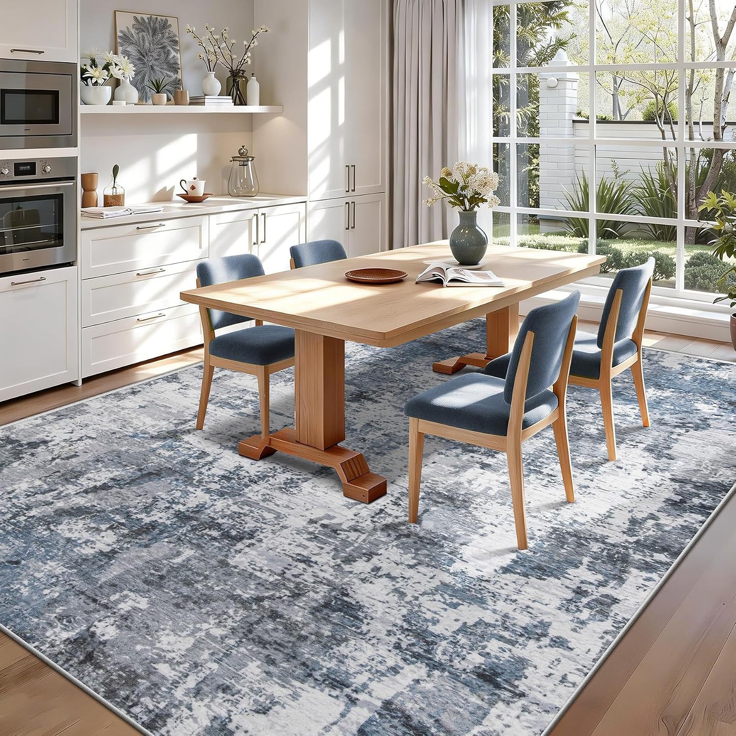 8x10 Area Rugs for Living Room: Washable Abstract Modern Rug Large Neutral Non Slip Soft Stain Resistant Indoor Carpet for Bedroom Nursery Dining Room Home Office (Blue White, 8'x10')